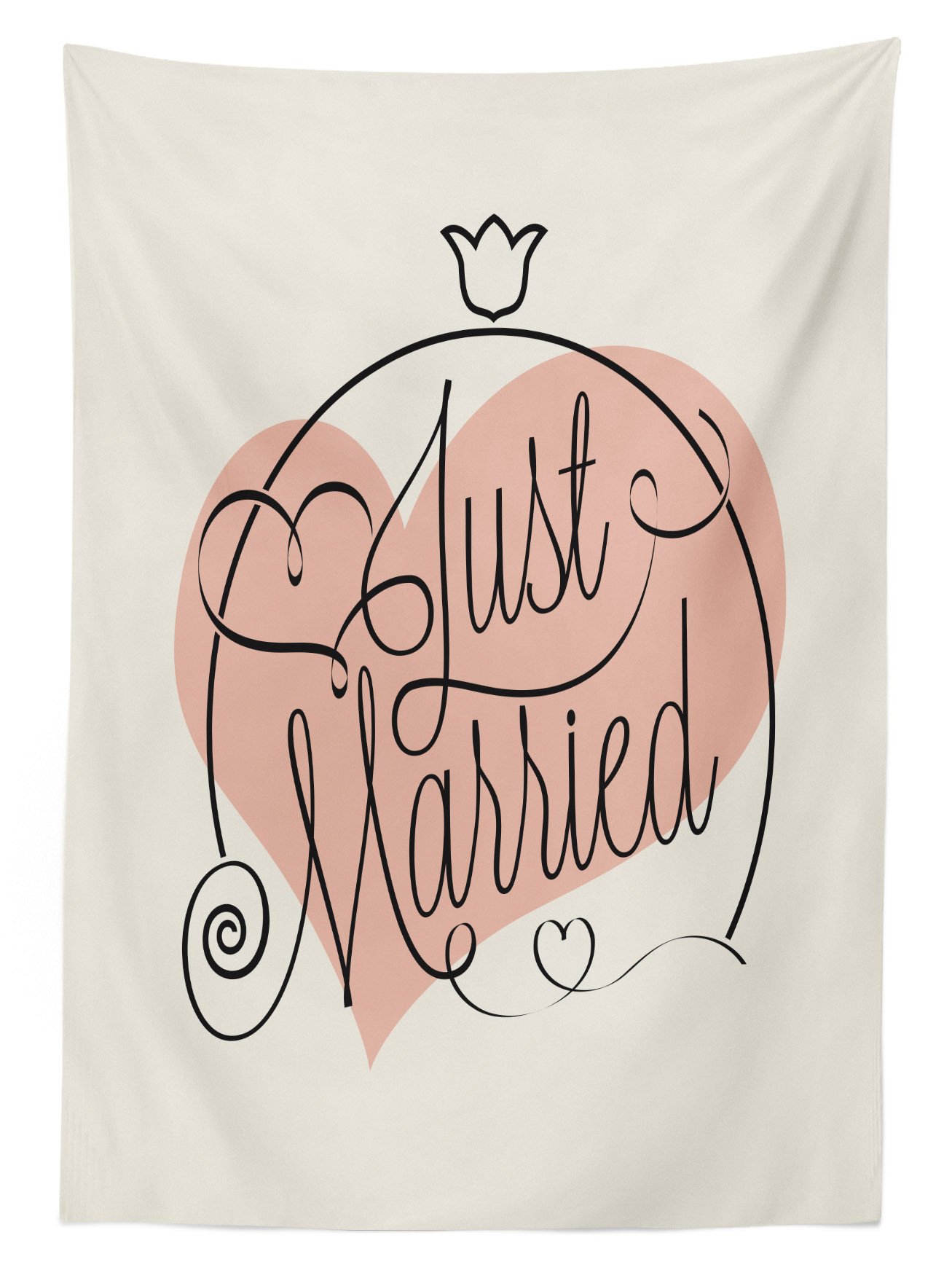Ambesonne Wedding Tablecloth - Just Married Pink Heart Tulip Floral Print, Washable Outdoor Picnic Table Cover 58x84 Inches, Coral Black White Design - Perfect for Bridal Showers, Garden Parties & Anniversary Celebrations