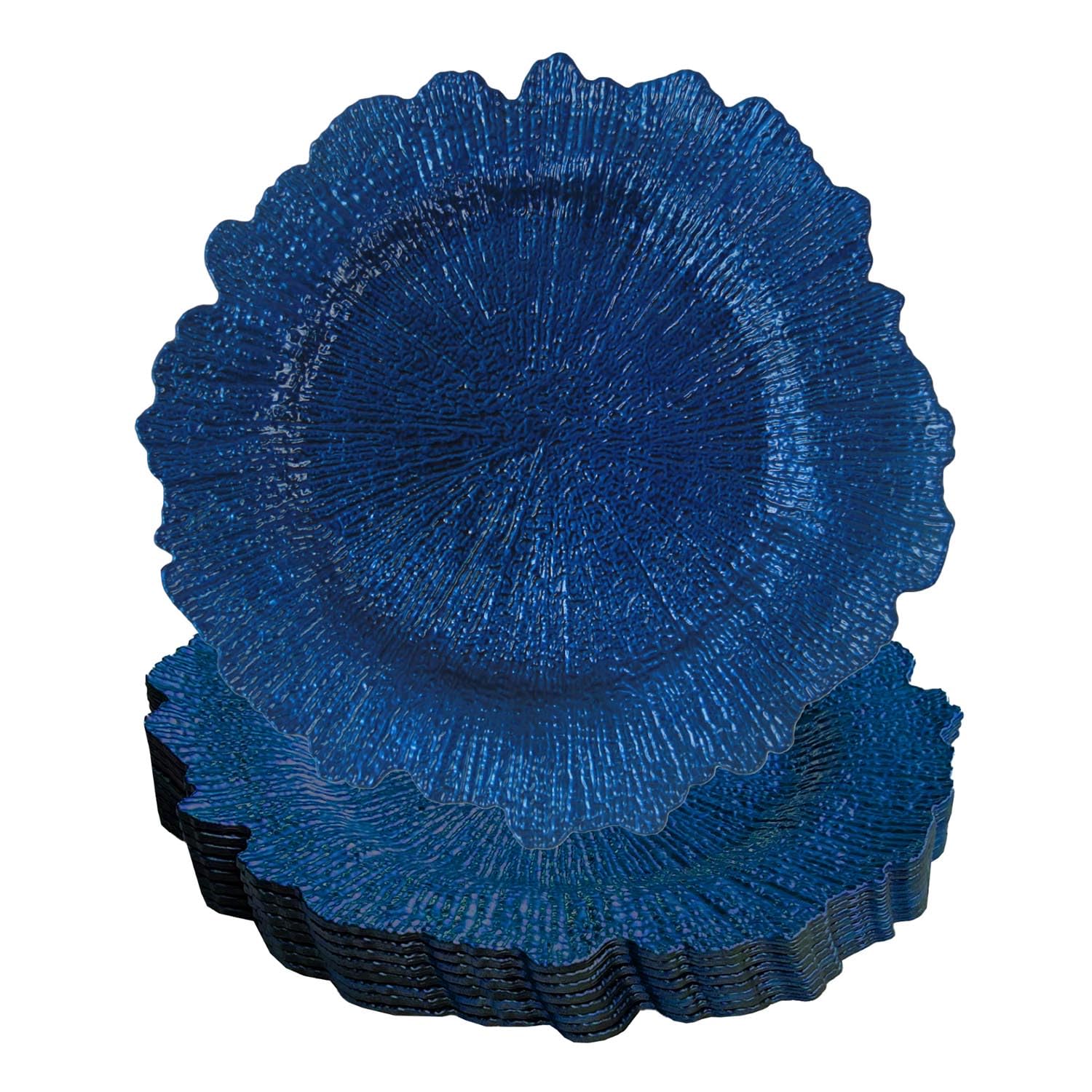 WELMATCH 12-Pack Royal Blue Plastic Charger Plates - 13 Inch Round Floral Sponge Wedding Party Decoration Plates for Elegant Dining, Table Setting & Special Events