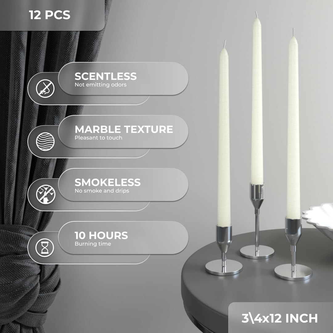 Ivory Taper Candles 12 Inch - Set of 12 Dripless Dinner Candles for Romantic Dining