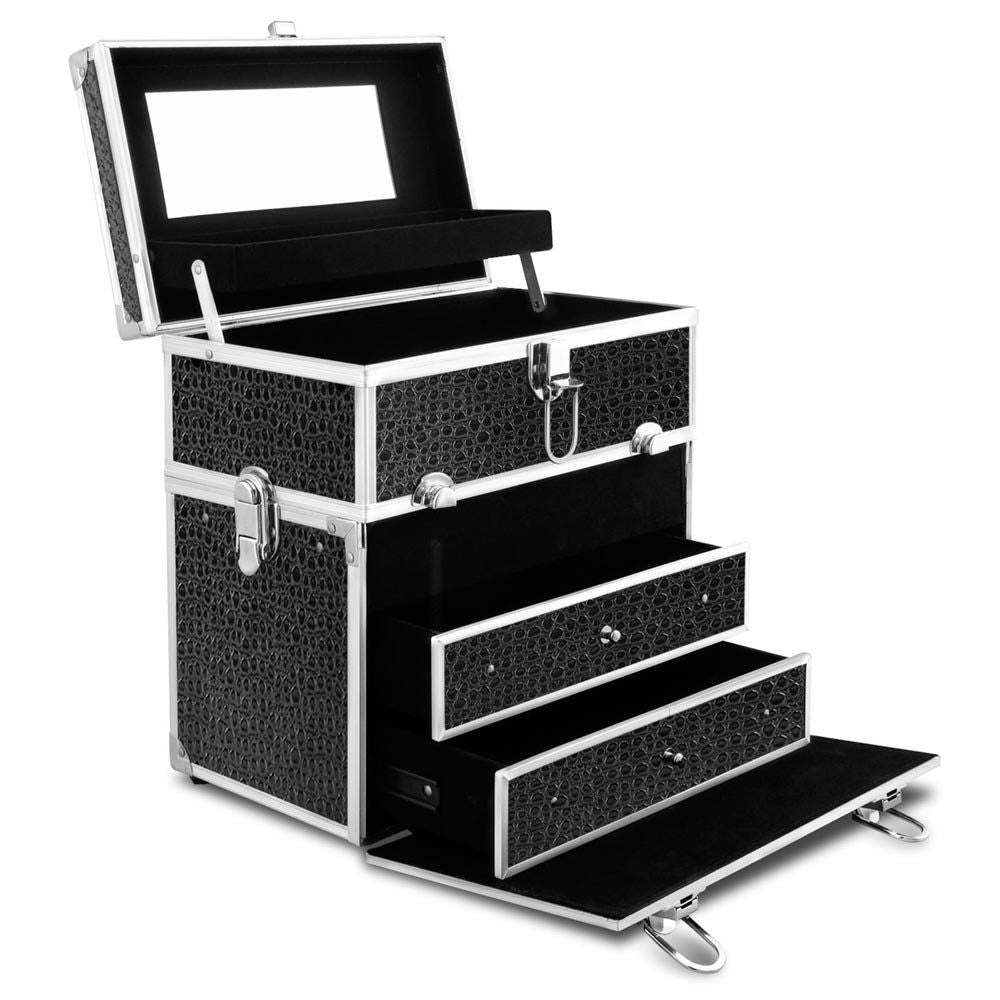 Embellir Portable Cosmetic Makeup Case with Mirror - Black Crocodile Design for Travel & Daily Use | Organize Your Beauty Essentials On-The-Go