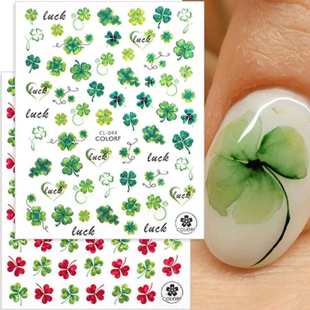 4 Sheets St. Patrick’s Day Nail Art Stickers - 3D Shamrock Clover Nail Decals for Women & Girls, Self-Adhesive Green & Red Irish Nail Designs - Perfect for Spring Parties, Nail Salons & DIY Manicures
