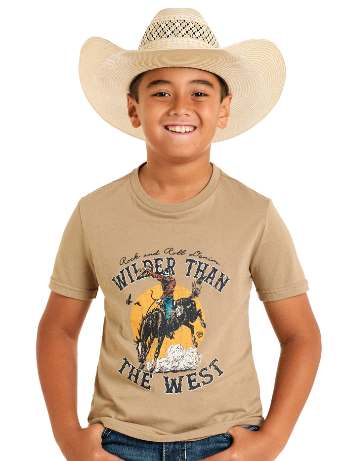 Rock & Roll Denim BB21T06785 Kids Bronco Rider Graphic Tee in Taupe - Perfect for Casual Wear, Birthday Gifts & Western-Themed Parties