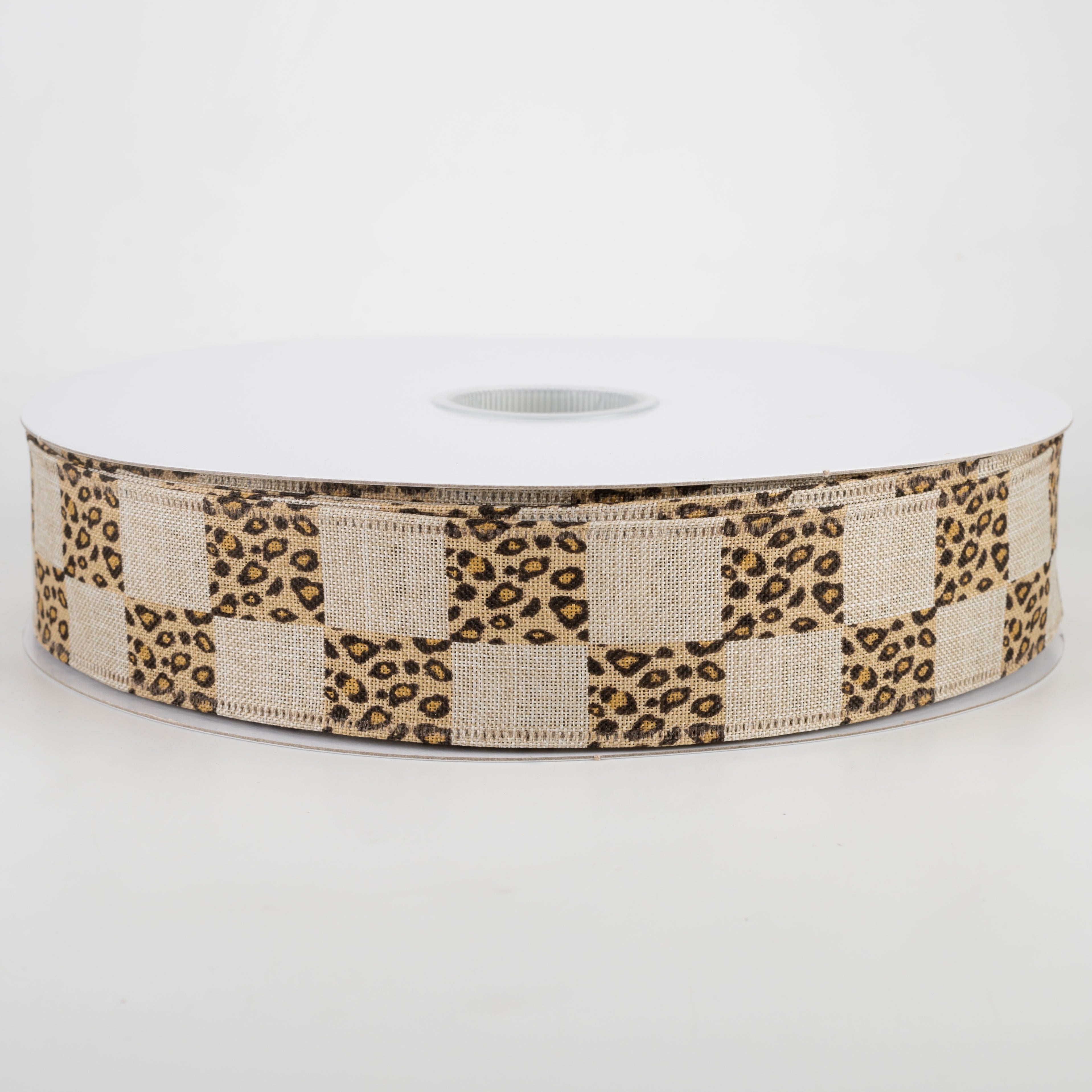 1.5 Inch Natural Linen Cheetah Print Checkered Ribbon - 50 Yards Bulk Spool for Gift Wrapping, Crafts, and DIY Projects