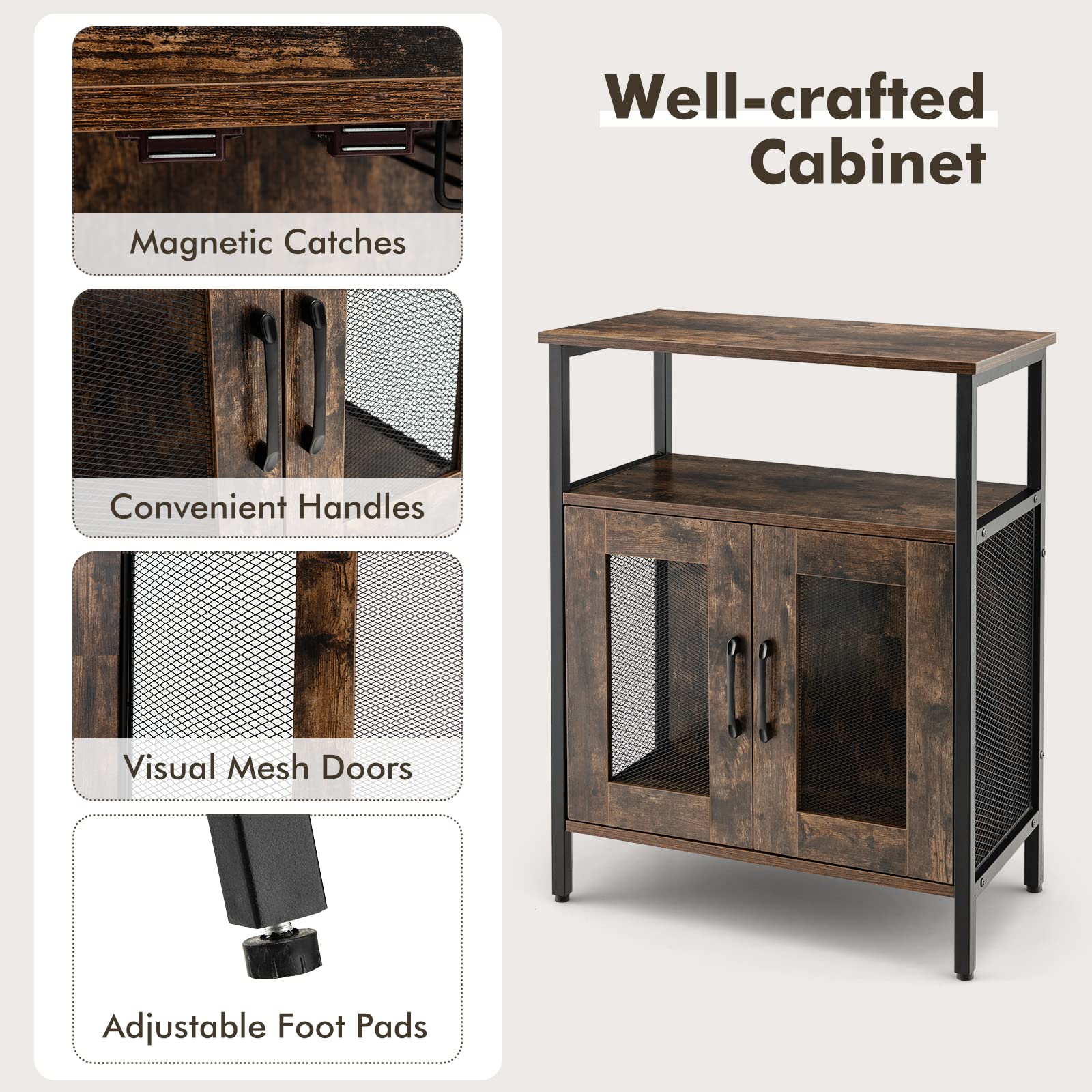 Industrial Wine Bar Cabinet with Removable Wine Rack & Glass Holder - Coffee Bar Storage Cabinet with Mesh Doors for Kitchen, Living Room, Dining Room | Perfect for Home Entertaining & Small Space Organization
