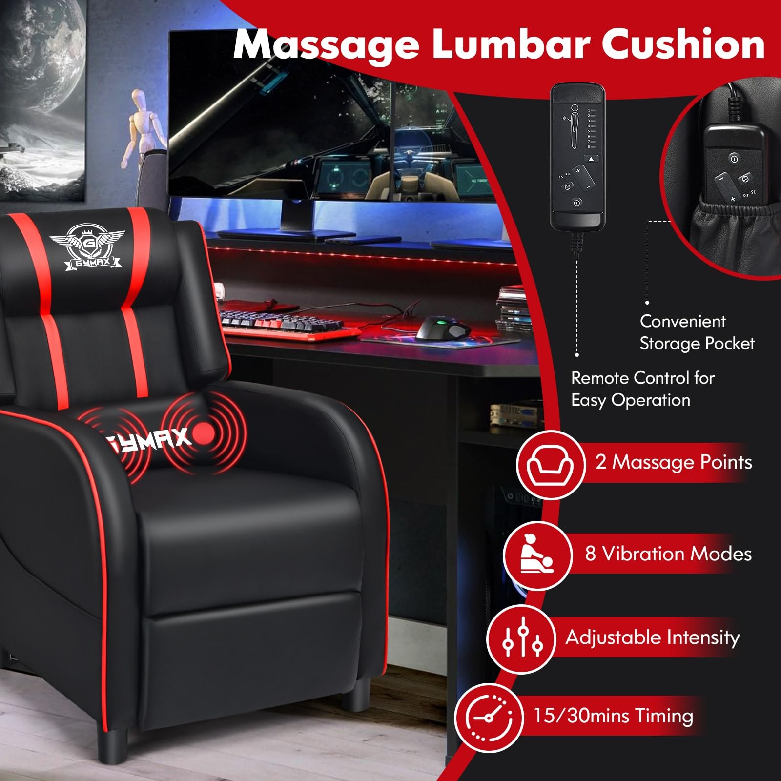 GYMAX Ergonomic Gaming Recliner Chair with Massage, Adjustable Footrest & Remote Control - Racing Style Video Game Chair with Side Pocket for Adults - Perfect for Gaming, Movie Nights & Home Theater (Red)