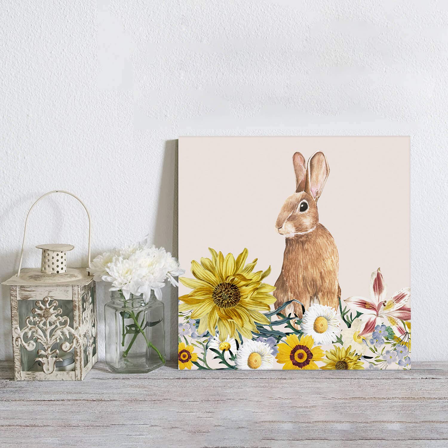 Sunflower Rabbit Easter Day Square Canvas Wall Art - 24x24in Oil Painting for Bedroom & Living Room Decor - Yellow Flower Home Wall Decor Without Frame - Perfect for Spring Decorations & Easter Gift Ideas