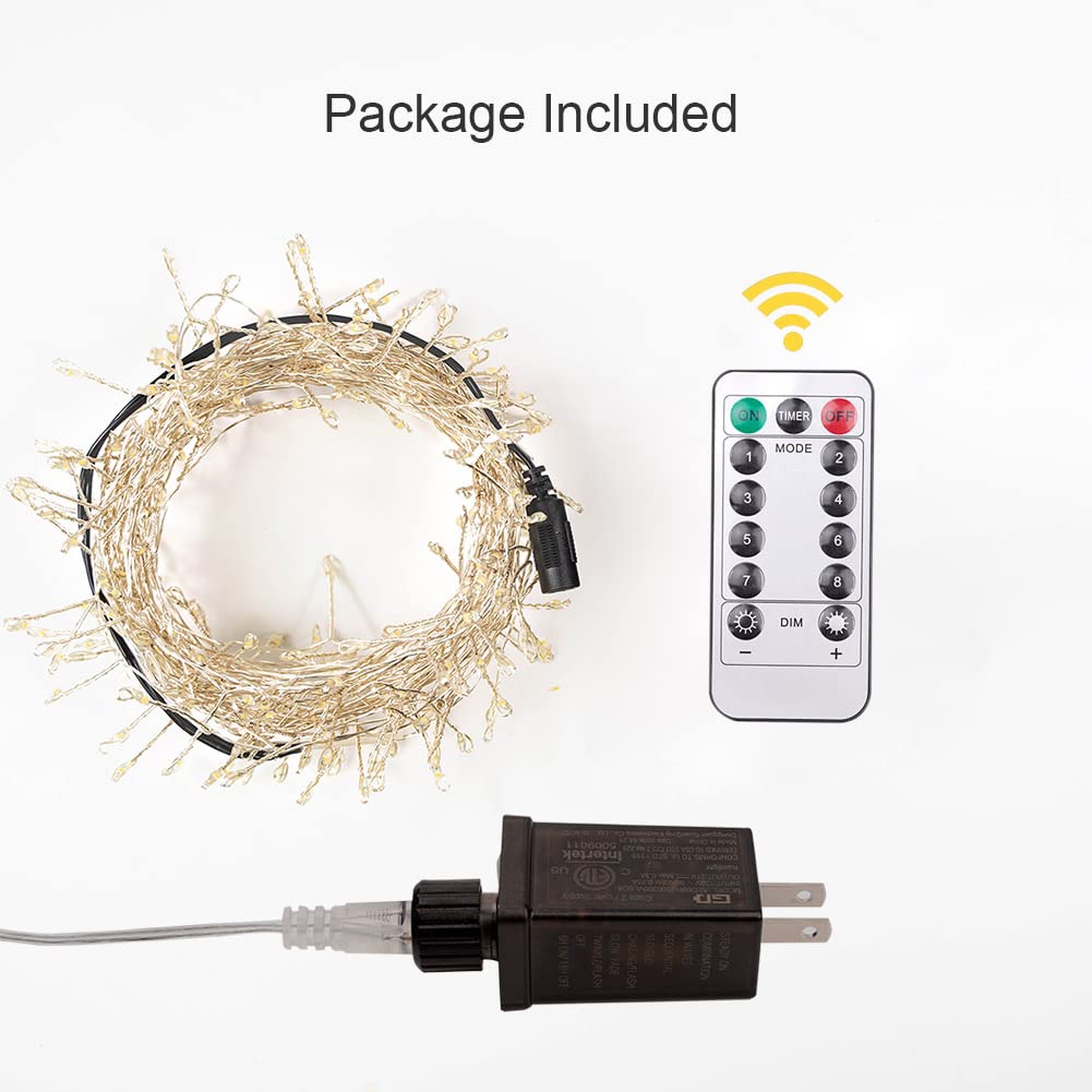 10FT 100 LED Cluster Fairy Lights - Warm White Plug-in Indoor/Outdoor String Lights with Remote - Perfect for Christmas Tree, Garden, Patio, Backyard, Wedding & Home Decor