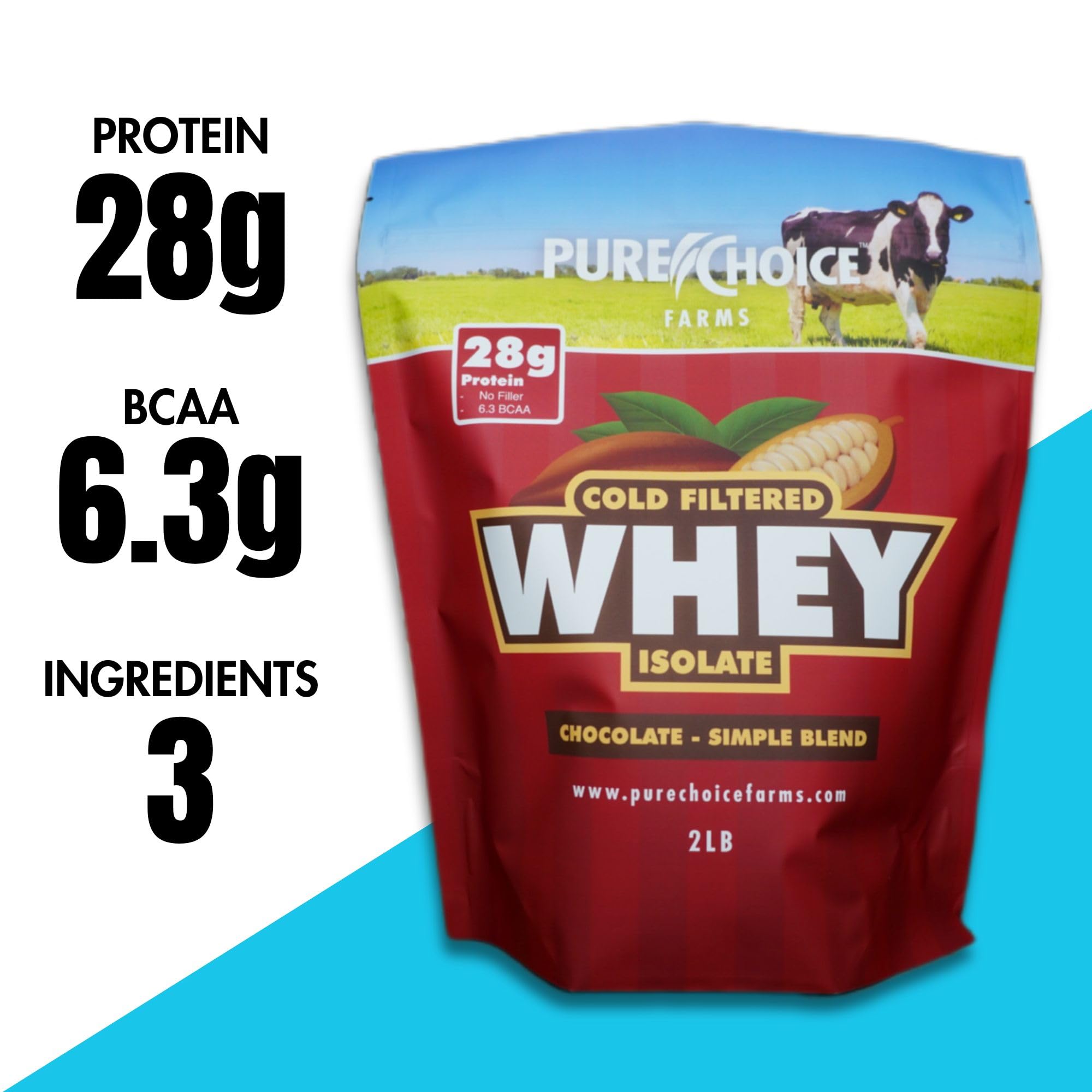 Pure Choice Chocolate Whey Protein Isolate Powder - 28g Protein per Serving, Undenatured Whey, Only 3 Natural Ingredients, No Fillers or Artificial Sweeteners (2 lb) - Perfect for Post-Workout Recovery & Muscle Building