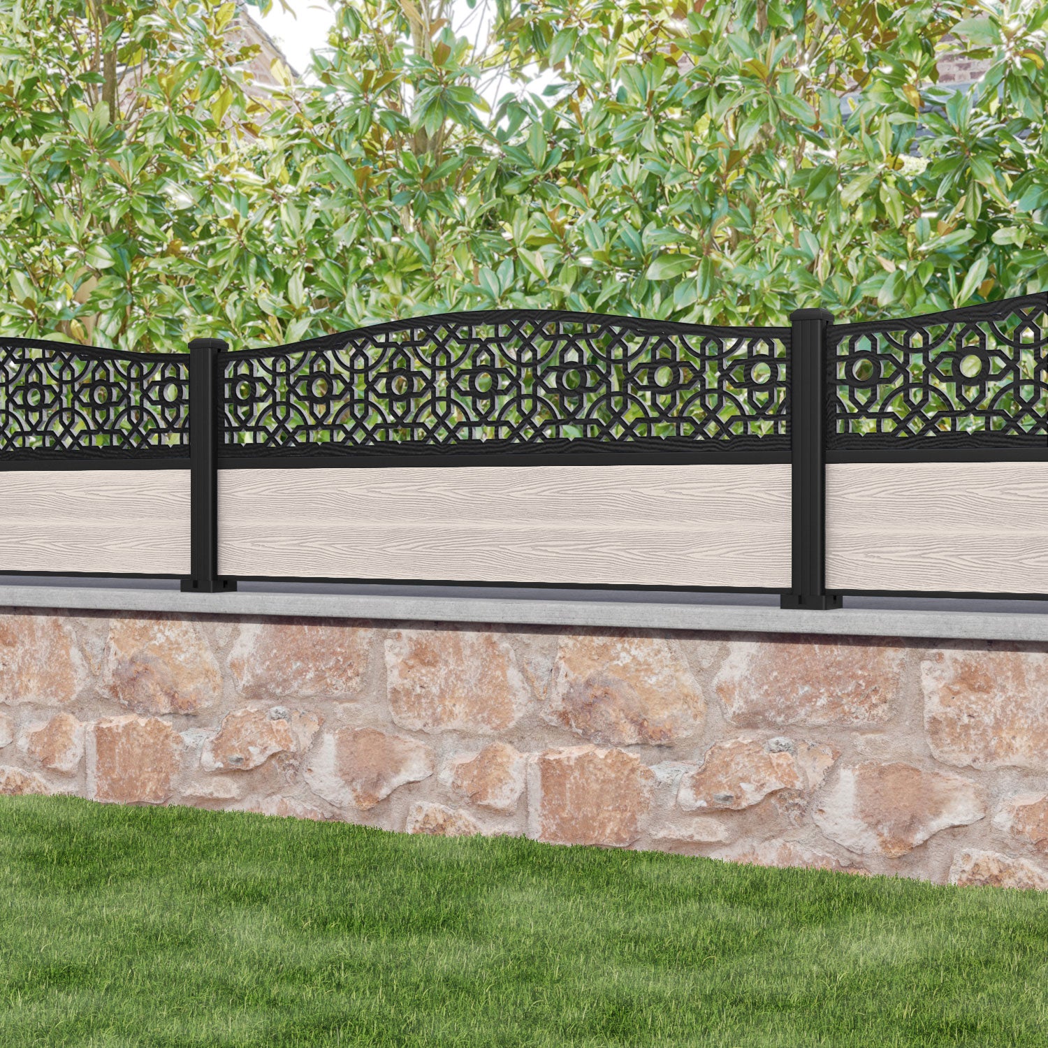 Classic Nabila Curved Top Fence Panel - Mid Stone Color - Durable Aluminum Posts - Perfect for Garden, Backyard, and Property Boundaries