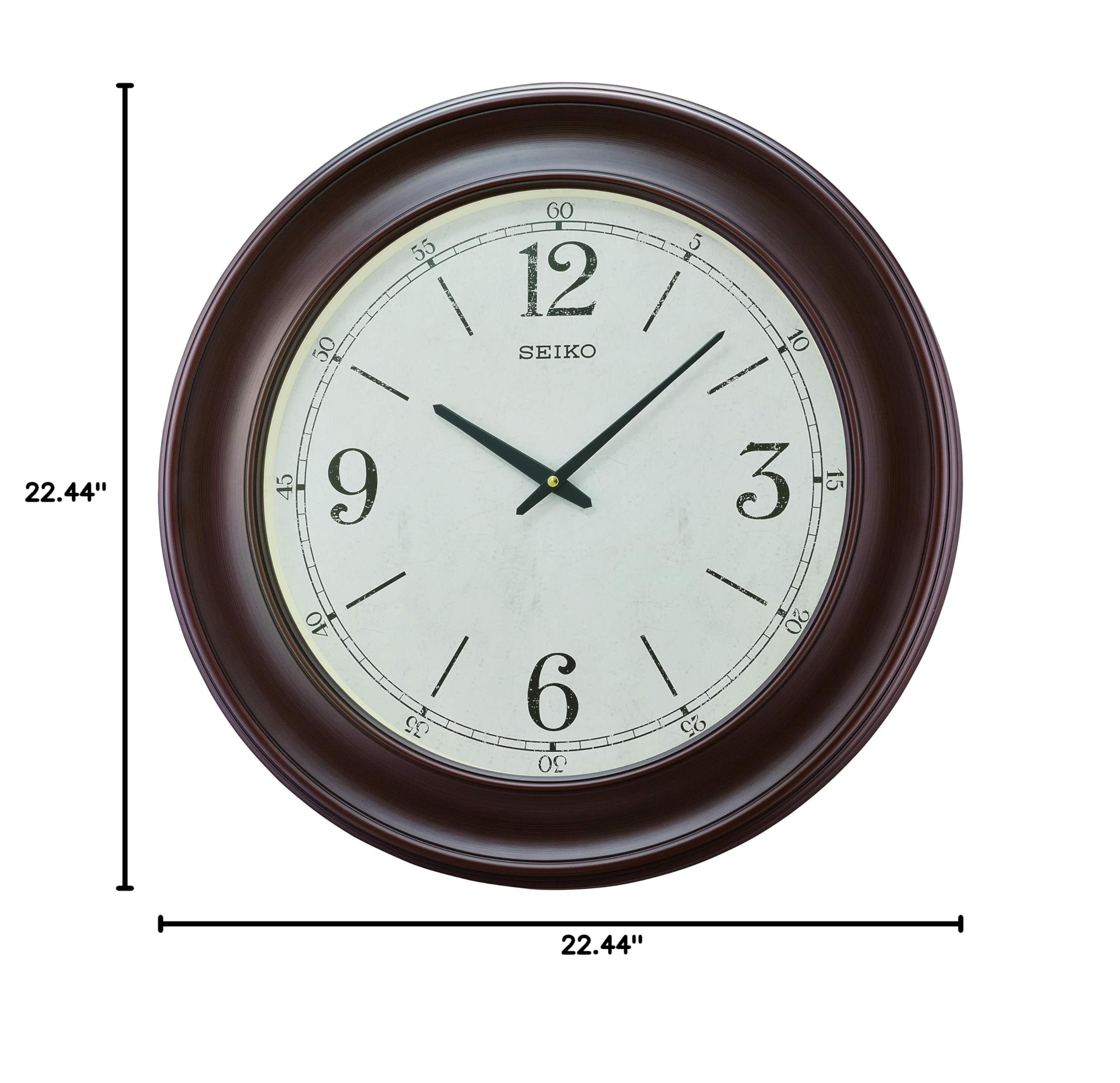 Seiko Noa 22 Inch Wall Clock - Brown Wooden Round Analog Clock with Silent Movement for Living Room, Bedroom, Office & Kitchen Decor