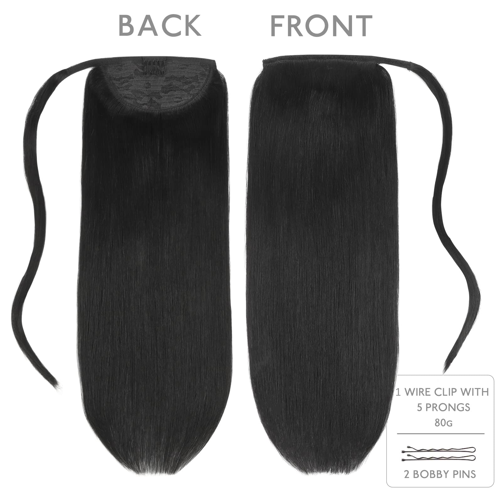WENNALIFE 22 Inch Jet Black Clip-in Ponytail Hair Extension - 90g Remy Human Hair for Thick & Natural Look | Perfect for Parties, Weddings & Daily Styling