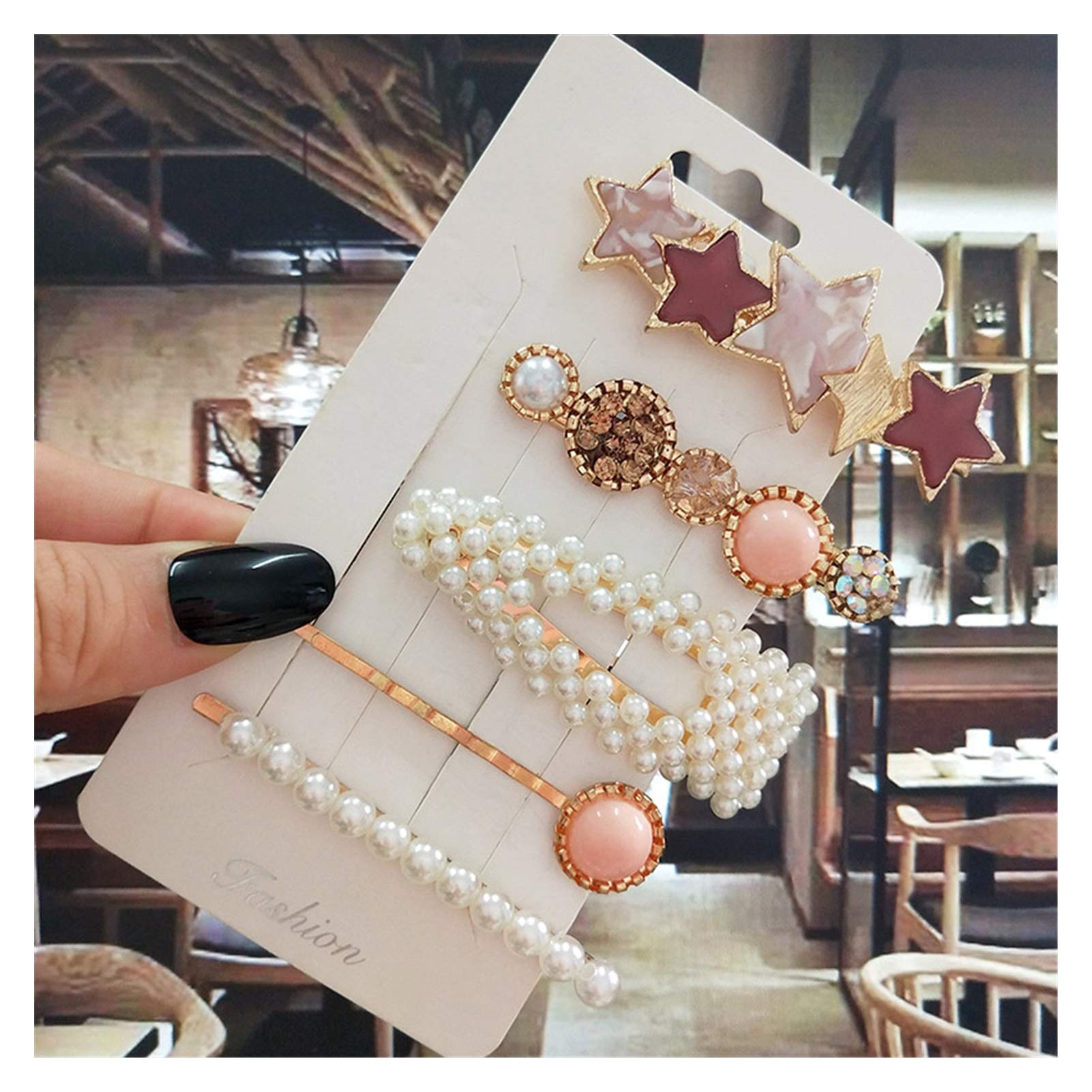 Kigauru 6-Piece Set Simulated Pearl Crystal Hair Clips for Women & Girls - Korean Fashion Acrylic Gold Barrettes (Pink) - Perfect for Weddings, Parties & Daily Hair Styling