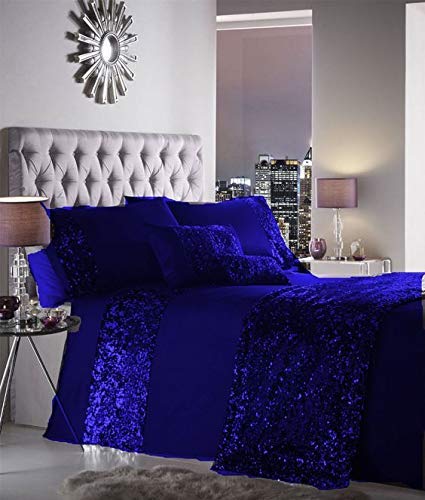 Royal Blue Sequin Egyptian Cotton Duvet Cover Set - 5 Piece Bedding Set with Pillow Covers (Twin Size) - Luxurious Christmas, Halloween & Holiday Gift for Bedroom Decor