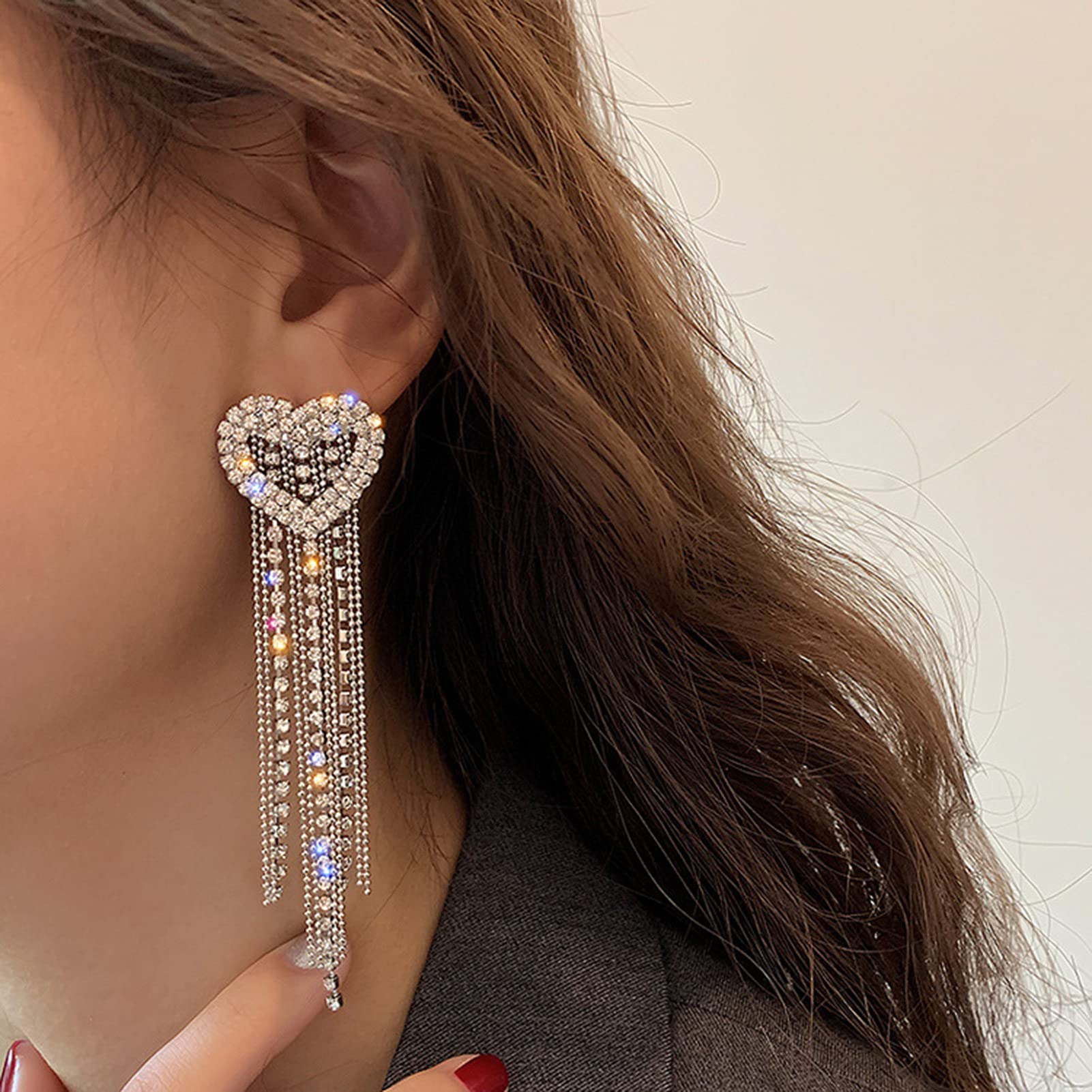 Sparkling Heart Dangle Earrings for Women - Diamond Fashion Jewelry with Rhinestone Tassels, Elegant Silver Stud Earrings for Wedding & Party (8.5cm x 2.2cm) | Perfect for Bridal Accessories, Date Night & Special Occasions