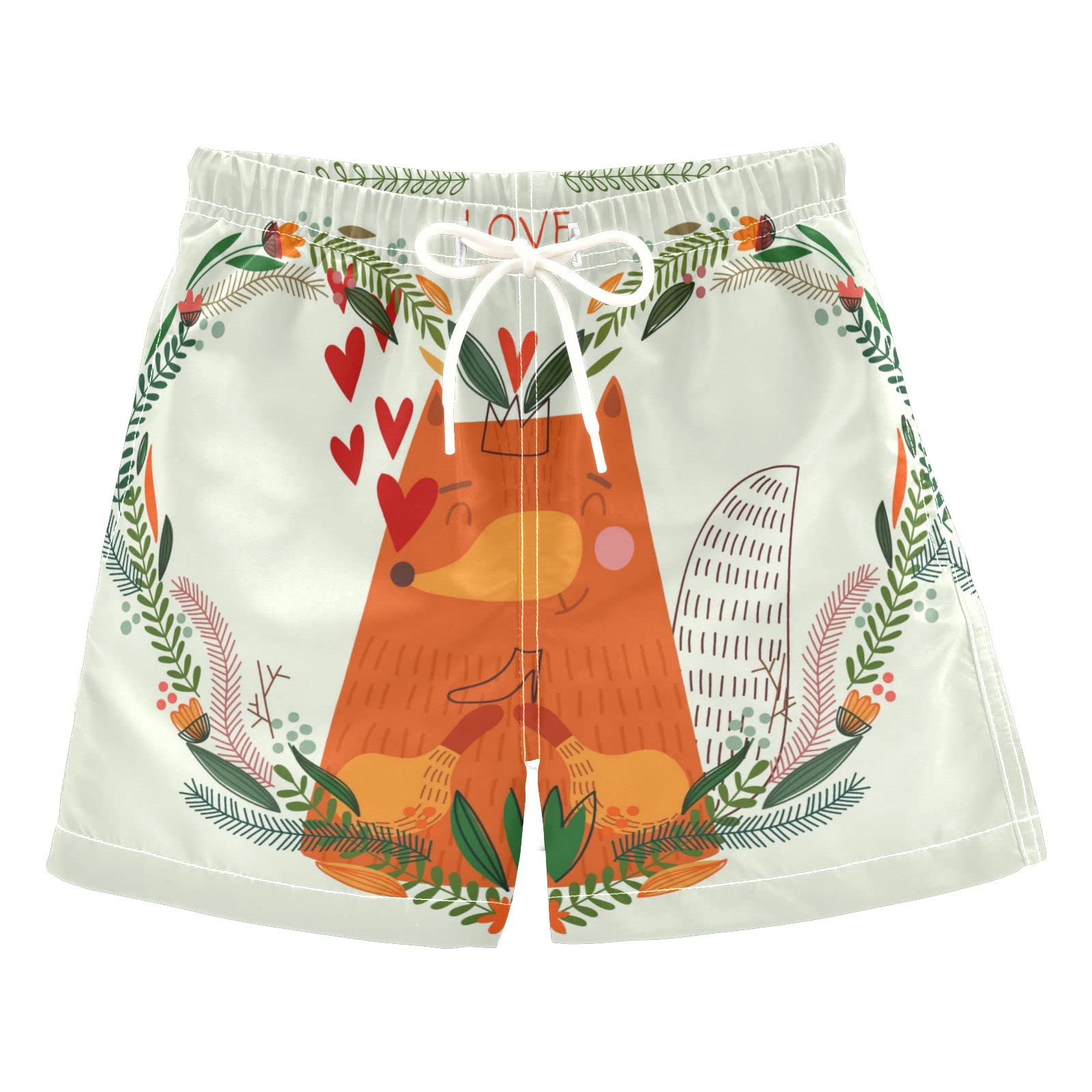 Boys' Quick-Dry Swim Trunks with Fox in Love Circle Print - Toddler Swimwear for Kids 2-8 Years | Beach, Pool & Summer Water Play