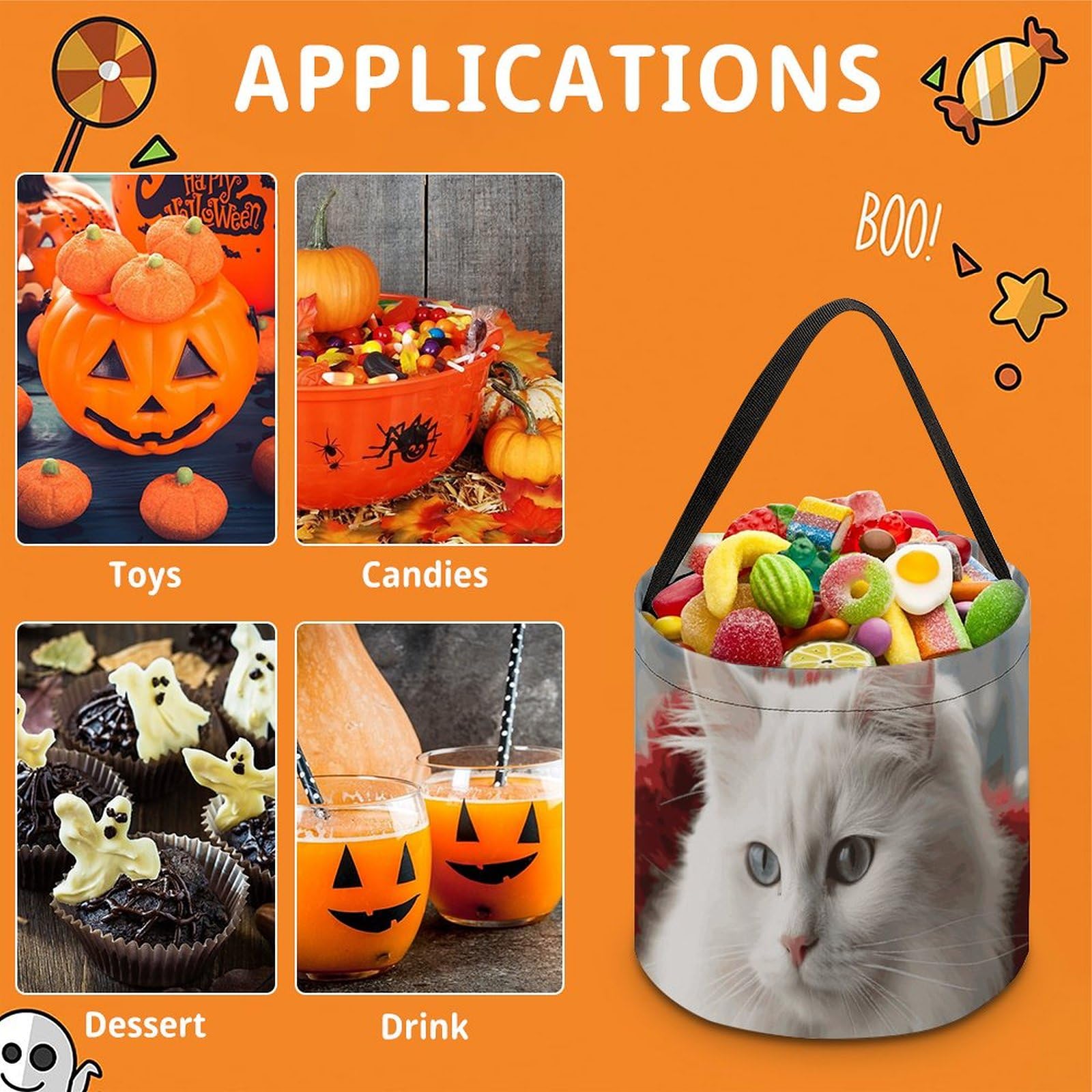 Cute White Cat Halloween Trick or Treat Bags - Reusable Candy Bucket with Handles for Kids, Halloween Party Favors & Supplies - Perfect for Trick-or-Treating, Halloween Parties & School Events