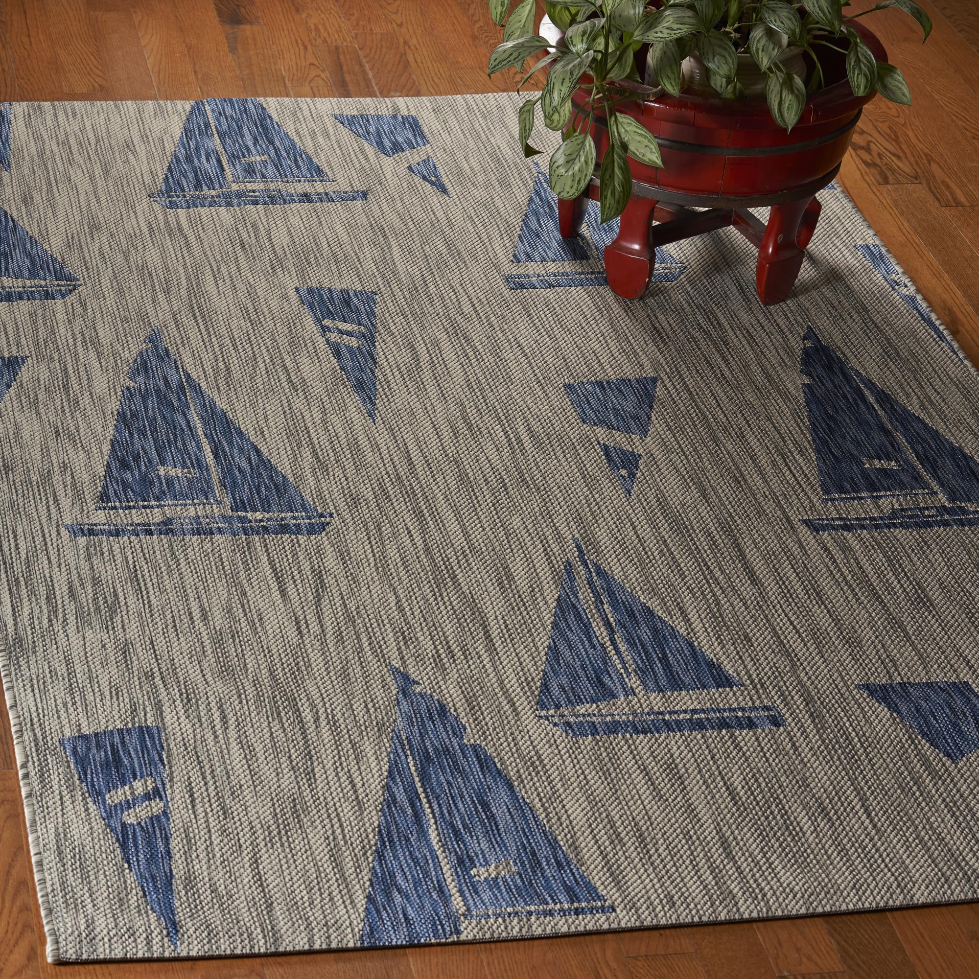 LR Home Captiva 5x7 Indoor Outdoor Area Rug - Nautical Sailboat Design Modern Farmhouse Carpet in Gray Blue | Perfect for Living Room, Bedroom, Playroom, Patio & Garden Decor | Durable All-Weather Home Accent Rug