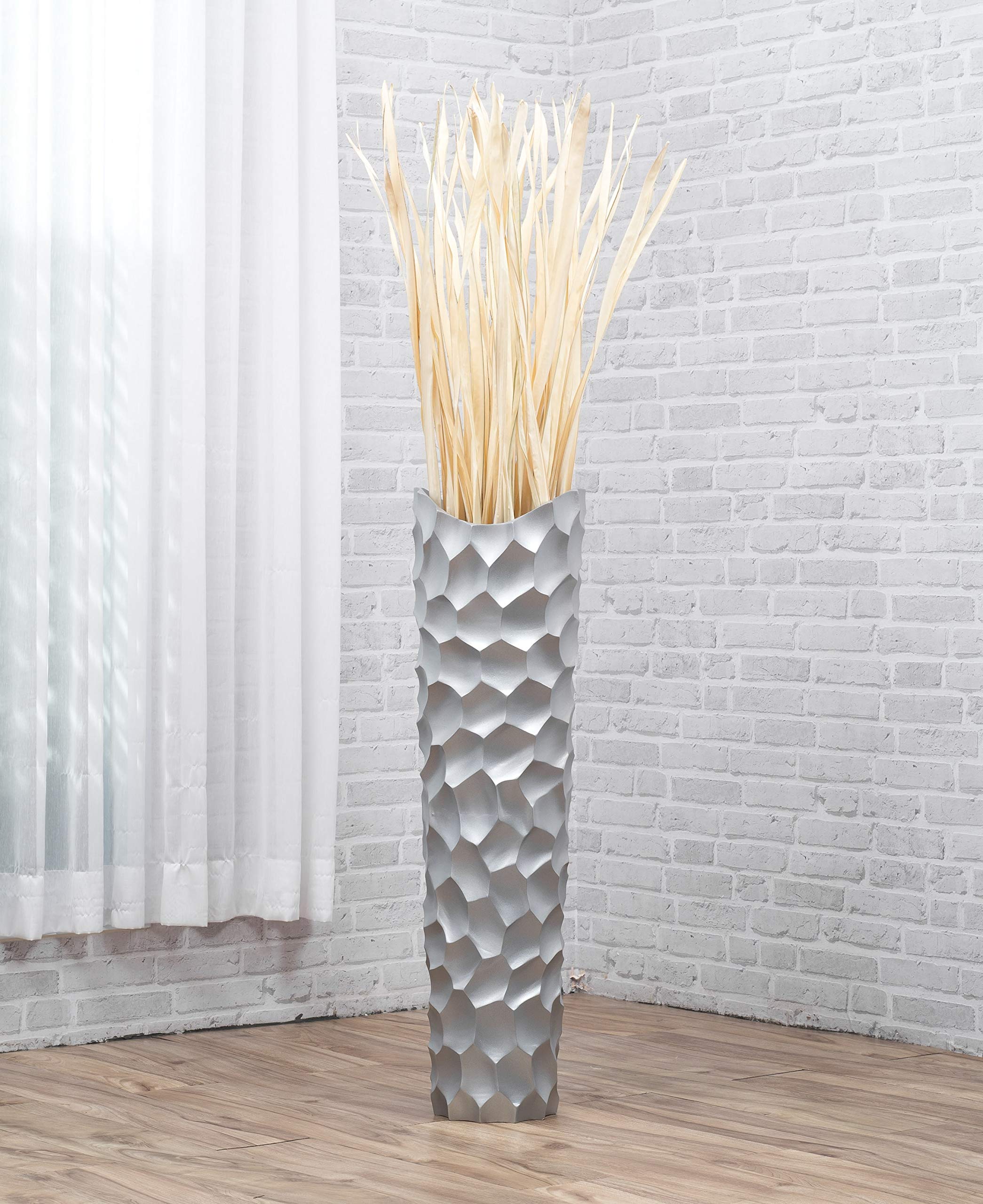 Leewadee 36 Inch Large Silver Floor Vase - Wooden Farmhouse Decor for Flowers, Fake Plants & Pampas Grass | Perfect for Living Room, Entryway & Wedding Centerpieces