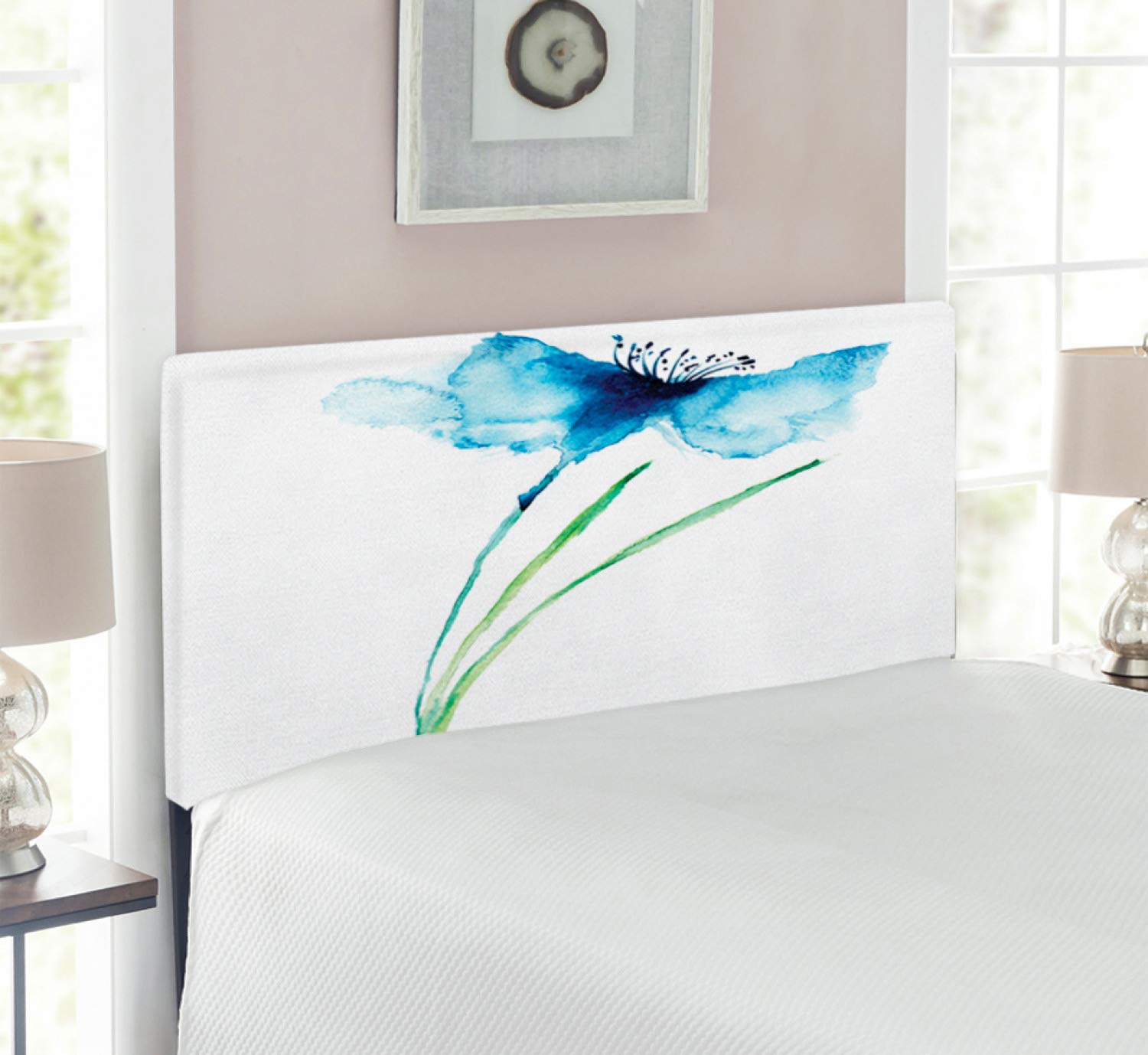 Ambesonne Watercolor Flower Headboard - Cornflower Summer Botanic Floral Print Upholstered Metal Bed Headboard with Memory Foam - Twin Size Navy Blue White Green - Perfect for Bedroom Decor, Guest Room & Dormitory