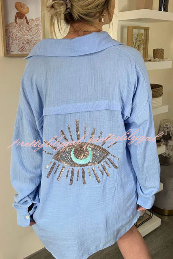 Summer Breeze Linen Blend Sequin Magic Eye Design Oversized Relax Shirt for Women | Boho Chic Beach Cover Up | Casual Loose Fit Blouse for Vacation, Party & Date Night