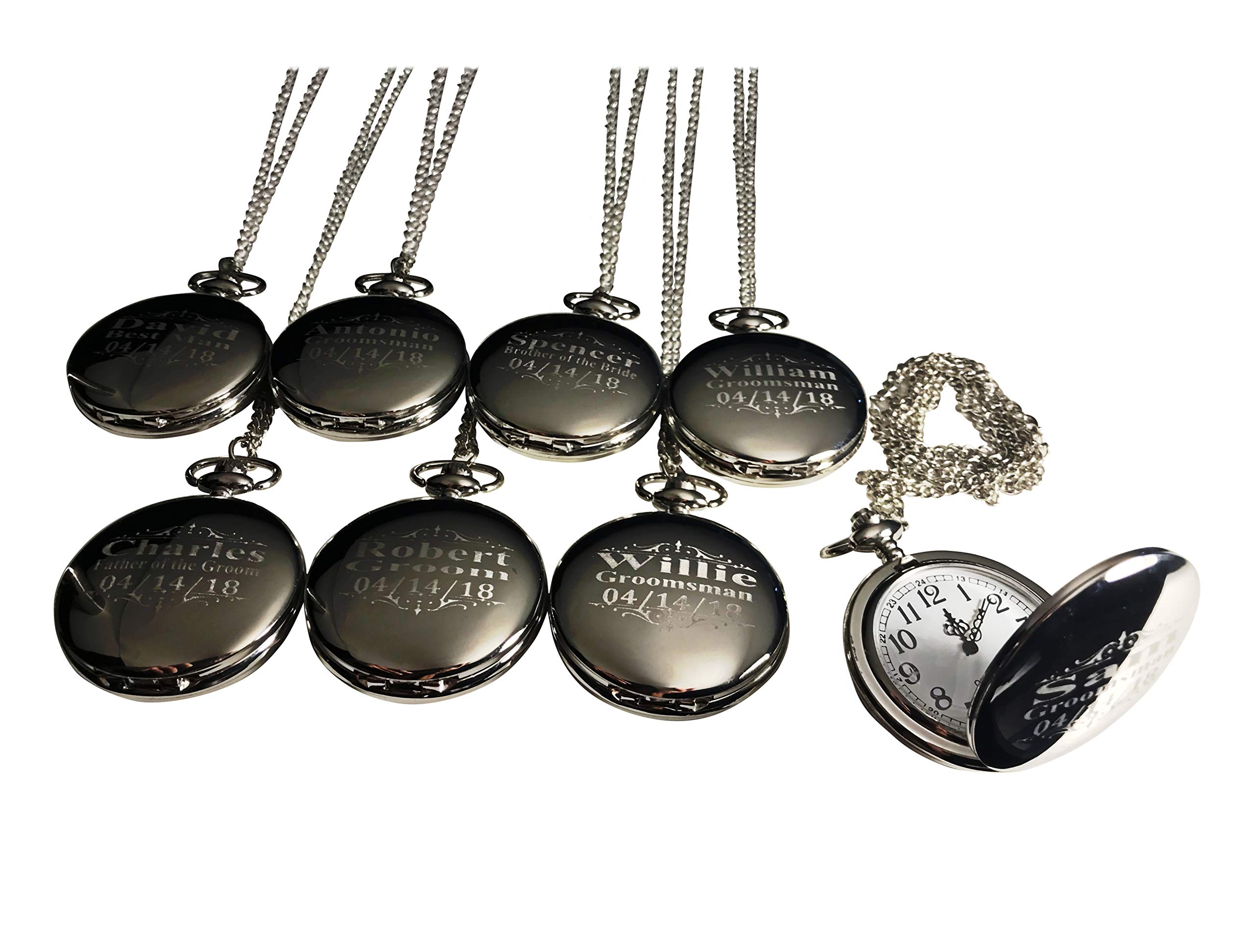 8 Personalized Engraved Pocket Watches with Chain & Gift Box - Custom Groomsmen Wedding Gift Set for Best Man, Bridal Party - Perfect for Vintage Themed Weddings & Anniversary Gifts