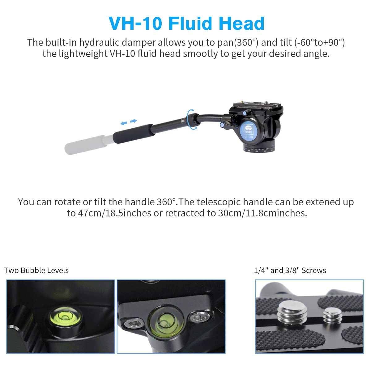 SIRUI P-325FL 179.5cm Carbon Fiber Camera Monopod with Removable Tripod Base & VH-10 Fluid Head - Professional DSLR Video Monopod for Photography, Travel, Vlogging (Max Load 10kg) - Perfect for Outdoor Shoots, Events, and Film Production