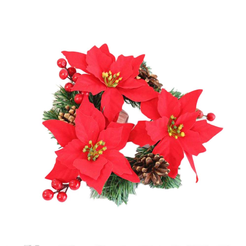 6Pcs Artificial Poinsettia Pine Candle Rings - Christmas Floral Wreath Candle Holder with Red Berries for Table Decor, Holiday Party, Wedding Centerpiece | Perfect for Fireplace Mantel, Dining Table, Christmas Tree Skirt Decoration