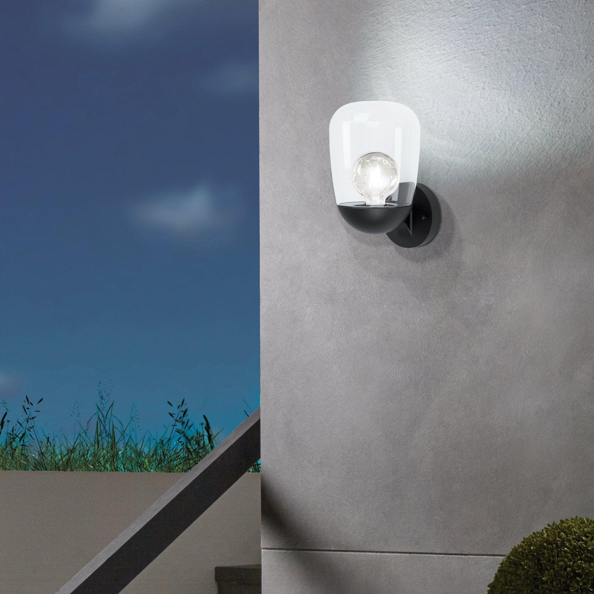 Eglo Donatori Black & Clear Glass Outdoor Wall Light IP44 - Waterproof Exterior Sconce for Porch, Patio, and Garden Lighting