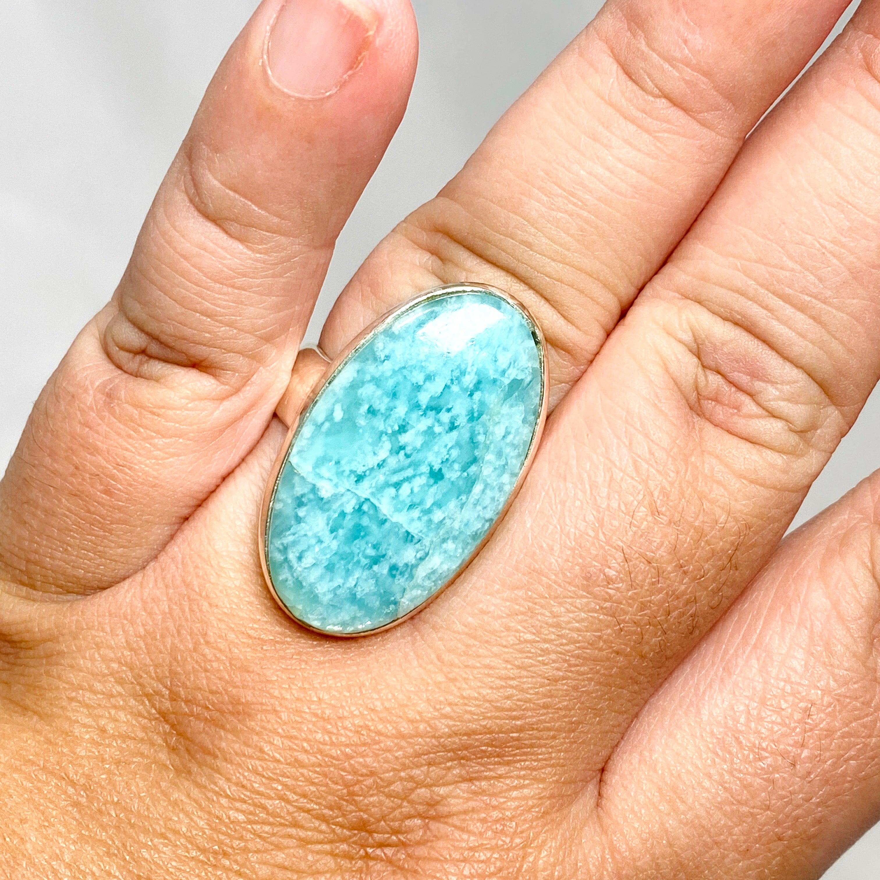 Amazonite Oval Ring Size 11 - Natural Stone Jewelry for Women, Sterling Silver Adjustable Band, Boho Chic Accessory - Perfect for Everyday Wear, Gift Giving & Special Occasions