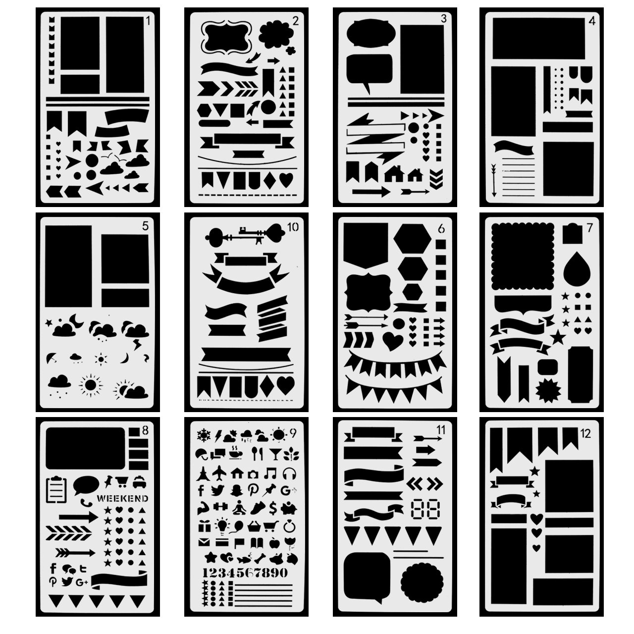 12-Piece Plastic Journal Stencils Set for Drawing, Painting & Planning - Graffiti, Lettering, Notebook, Scrapbook & Craft Templates - Perfect for DIY Projects, Bullet Journals & Artistic Creations
