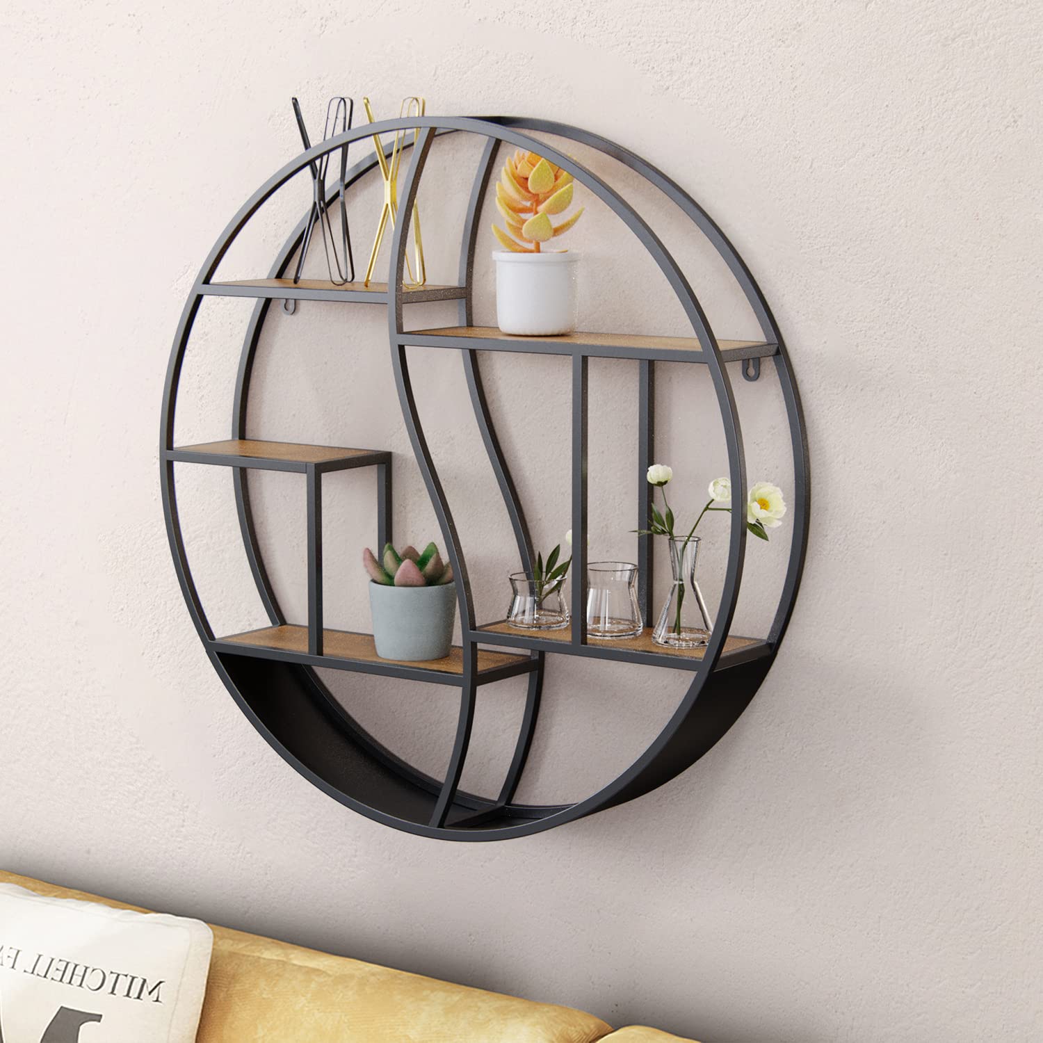 **24 Inch Black Round Wall Shelf - Metal & Wood Circular Floating Shelves for Wall Decor, Fireplace, Living Room & Bathroom - Stylish Display Organizer for Home & Office**