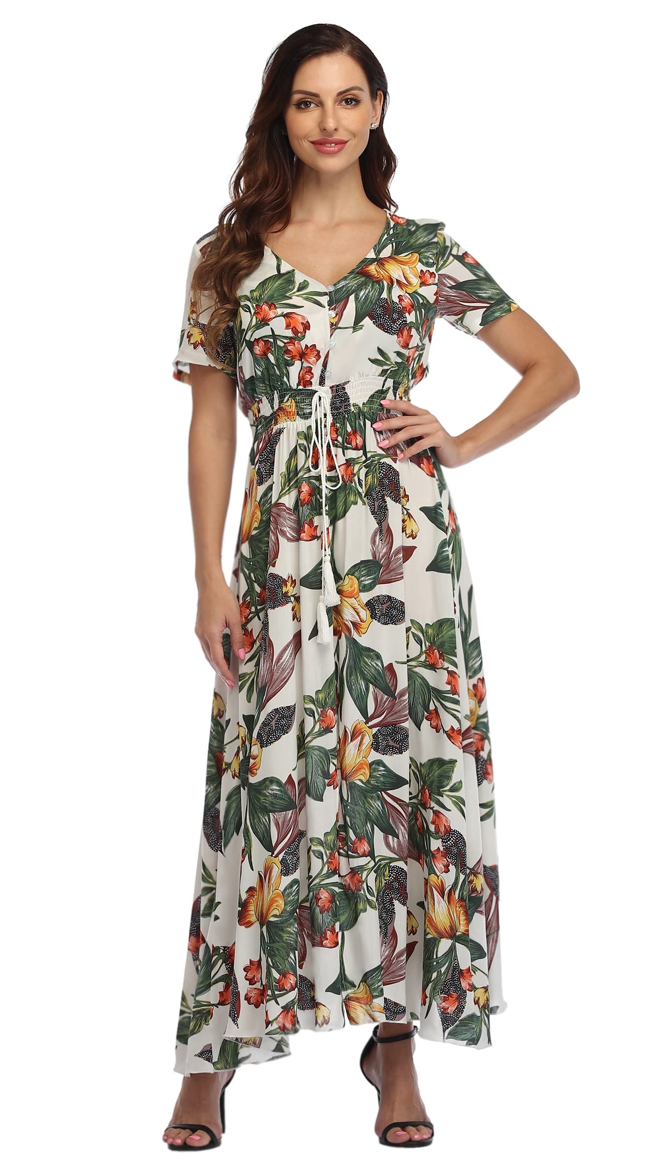 Ferrendo Women's Floral Maxi Dress - Button Up Split Front, Flowy Bohemian Summer Dress for Beach, Party & Vacation | Casual & Elegant Outfit for Outdoor Events, Date Night & Travel