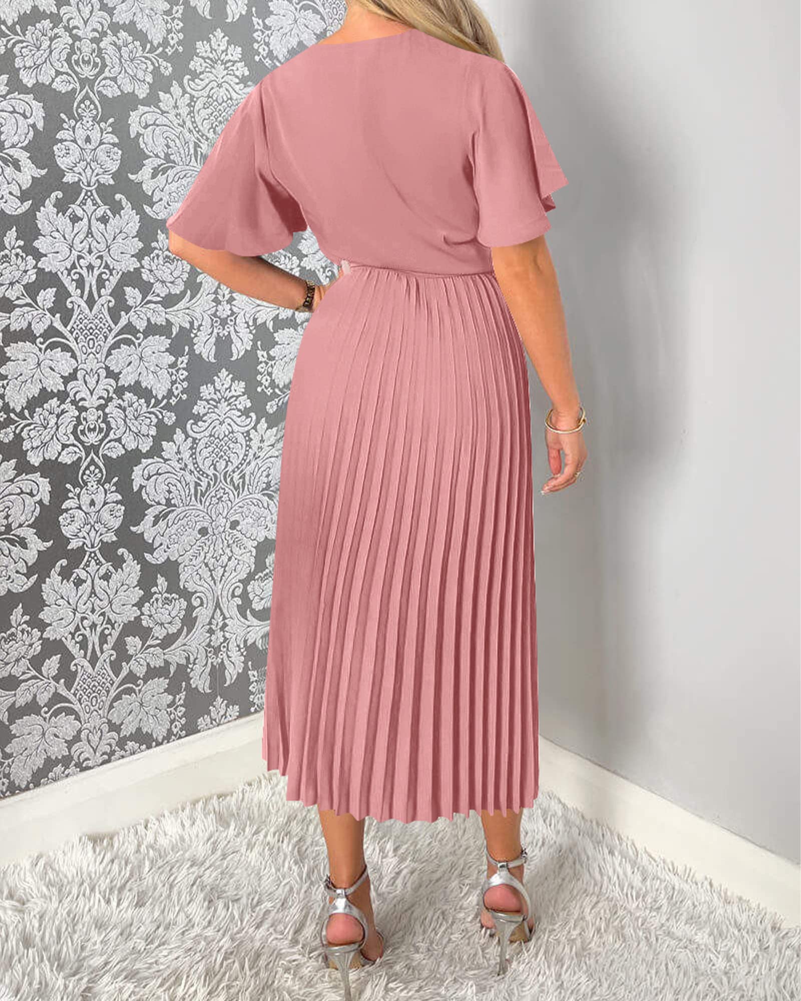 BTFBM Women's Wrap V-Neck Summer Dress 2023 - Short Sleeve Satin Tie Waist Pleated Flowy Midi Dress for Wedding Guest, Party & Casual Wear