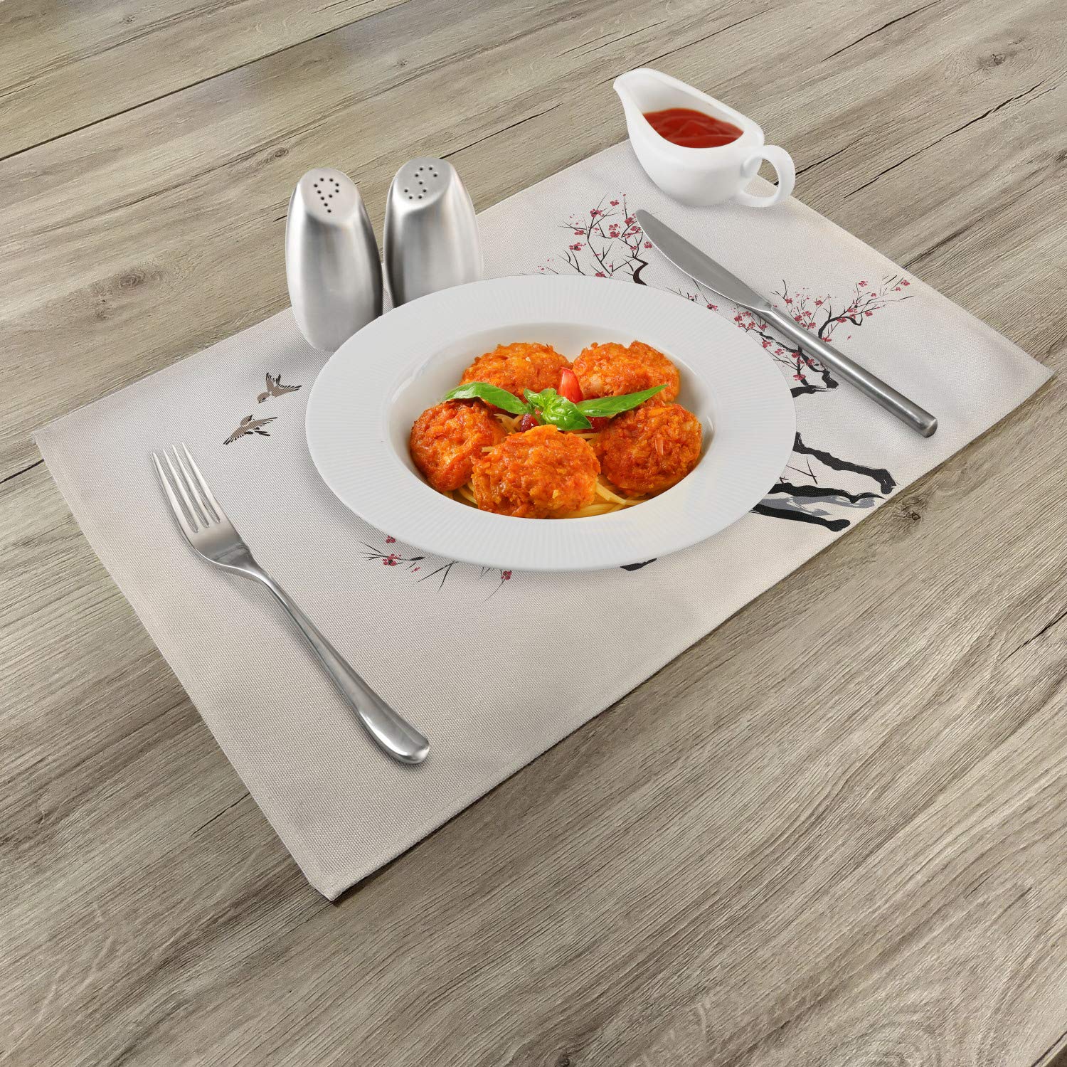 Ambesonne Floral Place Mats Set of 4 - Classic Paint Style Artwork with Flower Branches, Blossom & Flying Birds Pattern - Washable Fabric Table Mats for Dining Room & Kitchen Decor in Grey White - Perfect for Dinner Parties, Holiday Gatherings & Everyday Meals