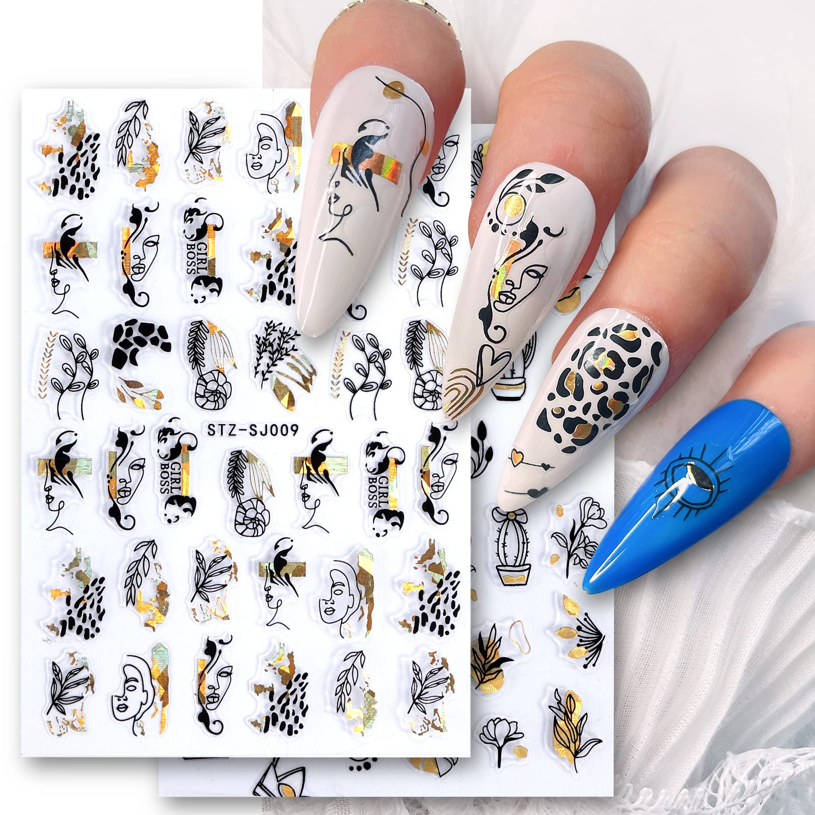 JOMVERL Gold Nail Stickers - 3D Self-Adhesive Nail Art Decals with Abstract Flower, Leopard Print, Lady Face, Heart & Cactus Designs for Women, Girls & Kids (8 Sheets) | Perfect for DIY Manicures, Parties, Gifts & Nail Salon Decorations
