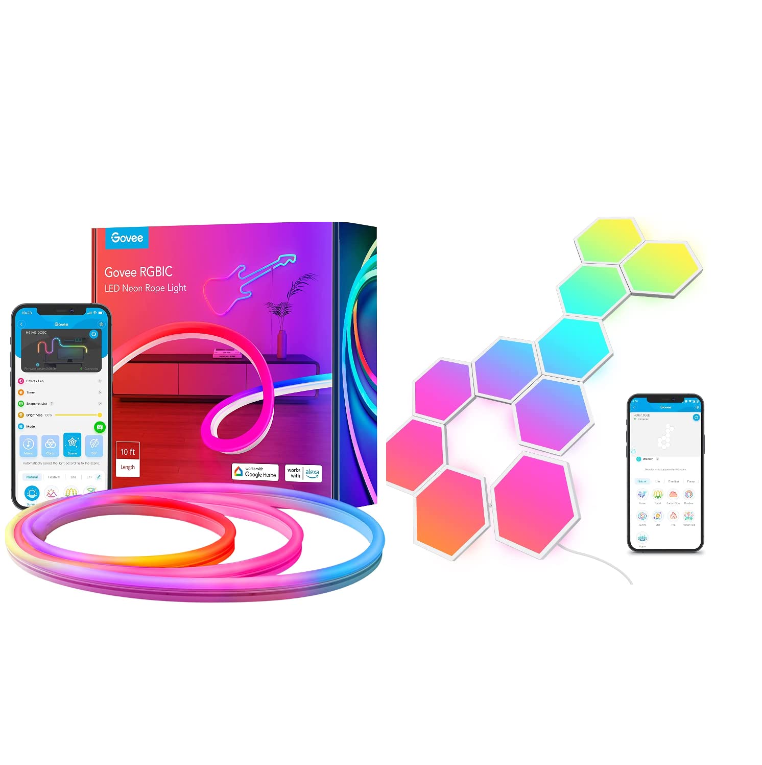 Govee Neon Rope Lights & Glide Hexa Light Panels - RGB LED Strip Lights for Room Decor, Gaming Setup, and Party Lighting