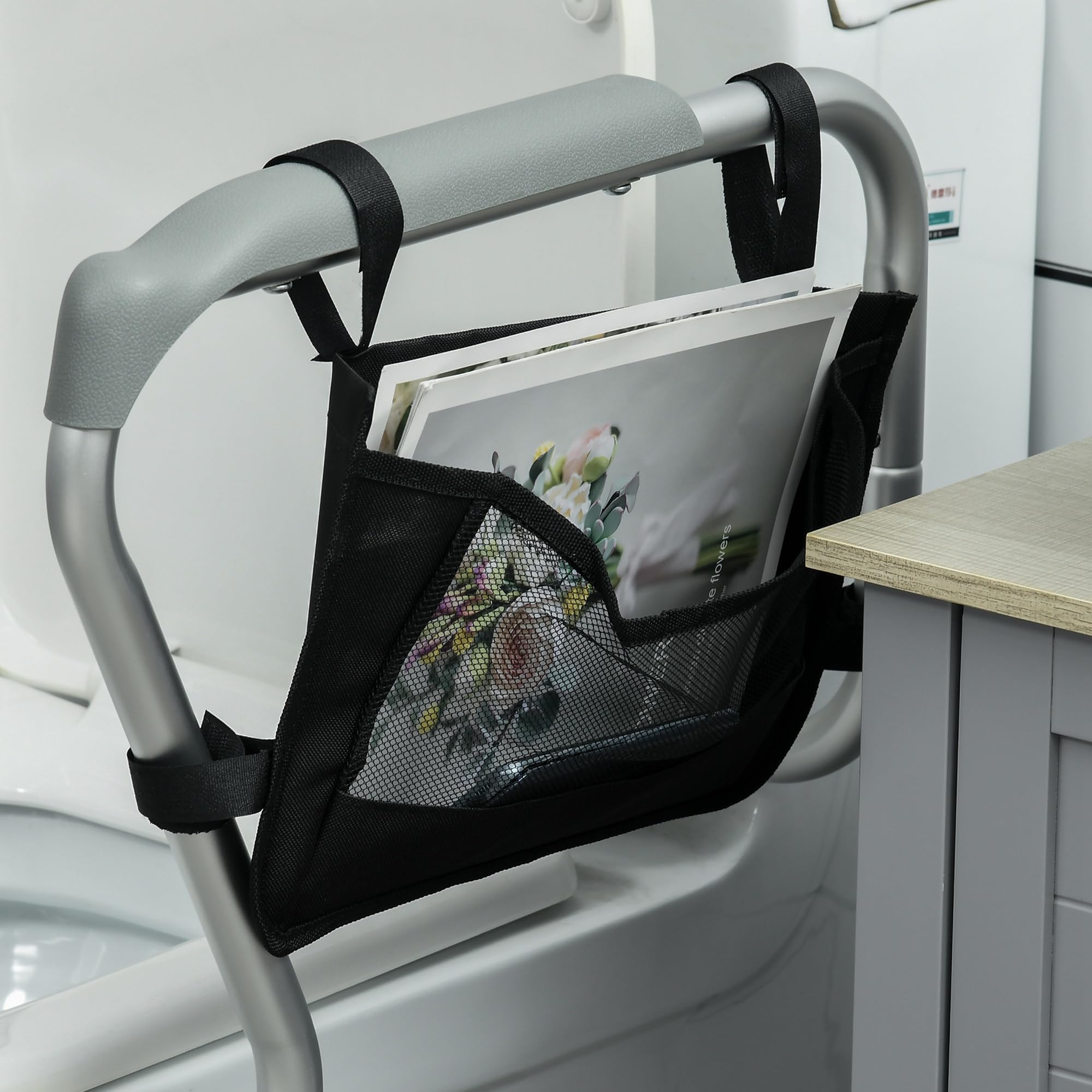 Adjustable Toilet Safety Rail for Elderly - 300lbs Capacity, Height & Width Adjustable with Padded Arms & Storage Pocket - Assist Grab Bar for Seniors - Easy Installation - Ideal for Bathroom Safety & Mobility Support