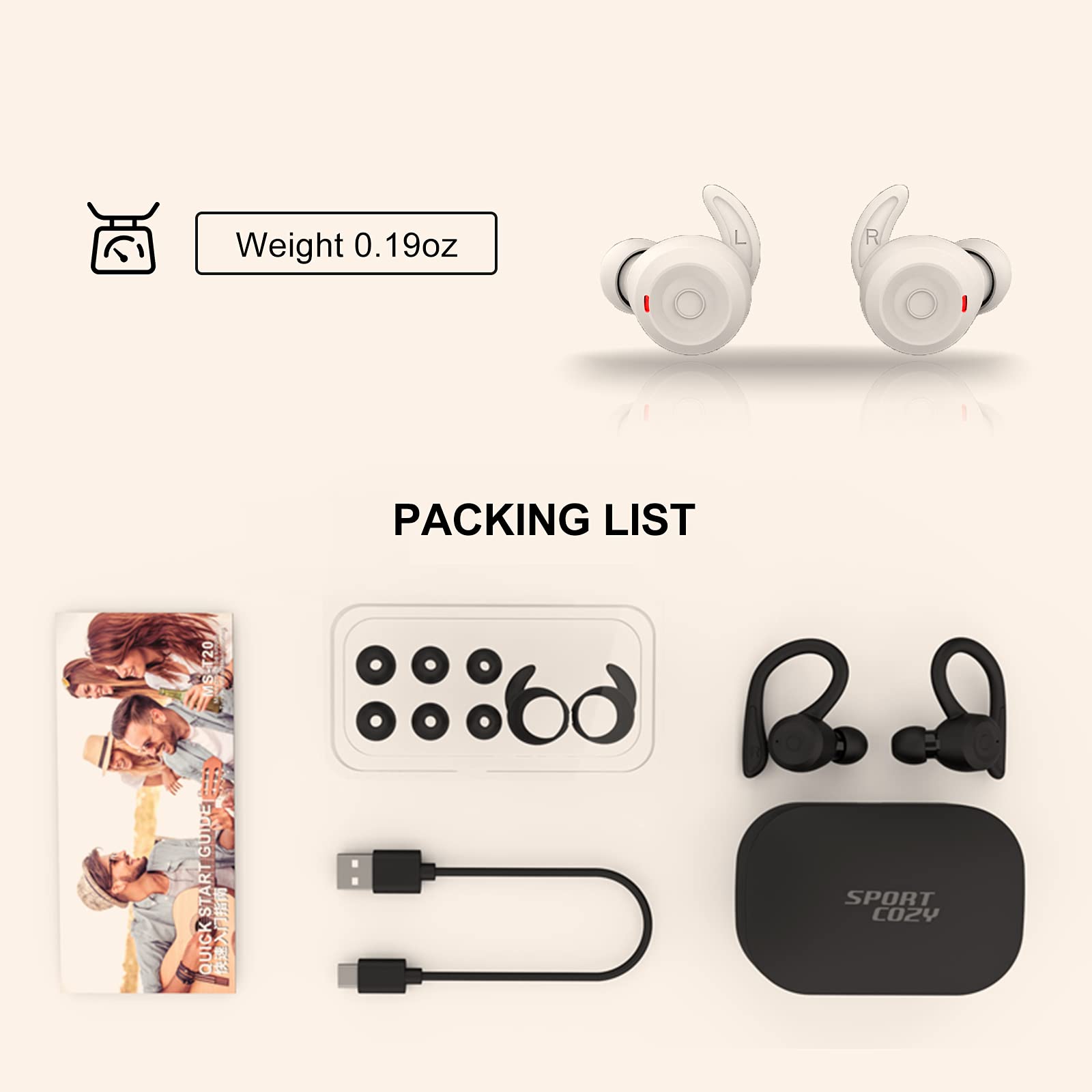 Beige Over-Ear Wireless Bluetooth Earbuds with Ear Hooks - Sweatproof & Waterproof Sports Headphones with Noise Cancellation for Running, Gym Workouts - Compatible with Android Devices