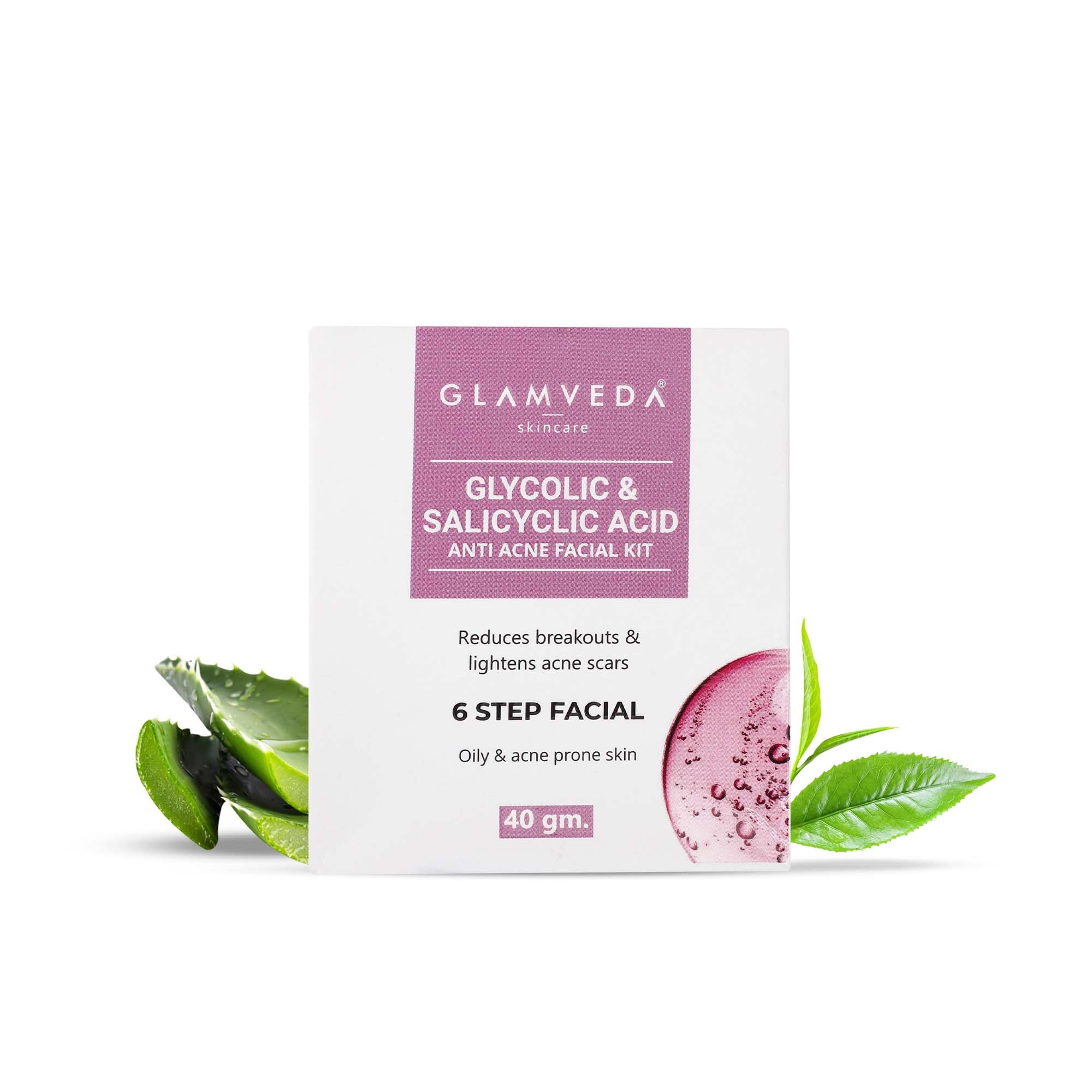 Glamveda Glycolic & 2% Salicylic Acid Anti-Acne Facial Kit | Pimple Treatment & Skin Brightening Kit for Women | Paraben-Free, SLS-Free | 40g | Perfect for Daily Acne Care & Glowing Skin Routine