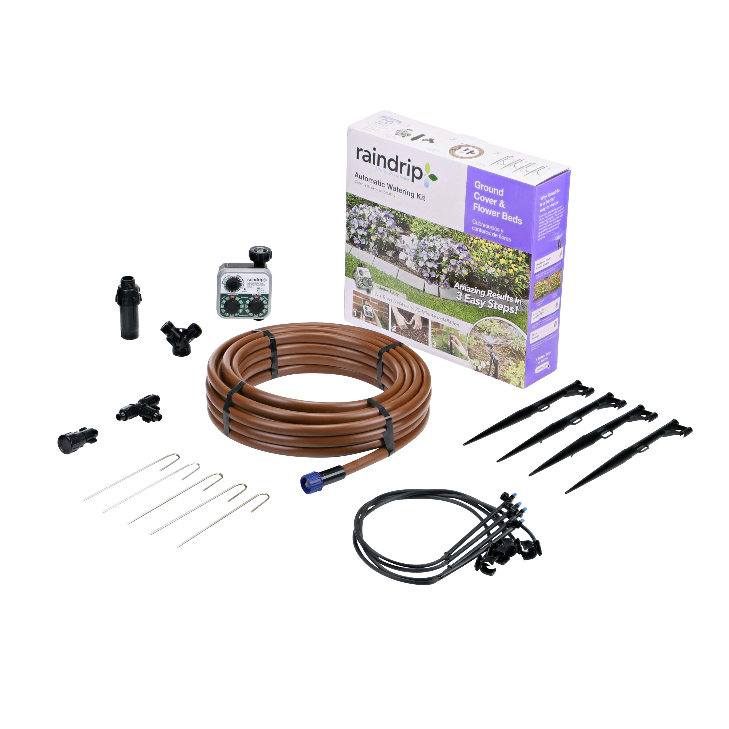 Raindrip SDGCBHP Automatic Drip Irrigation Watering Kit with Timer - Adjustable 13 GPH Sprayers for Ground Cover & Flower Beds | Covers 200 Sq.ft | Customizable Timer Settings | Black/Galvanized Steel/Brown | Perfect for Garden, Lawn & Landscape Watering