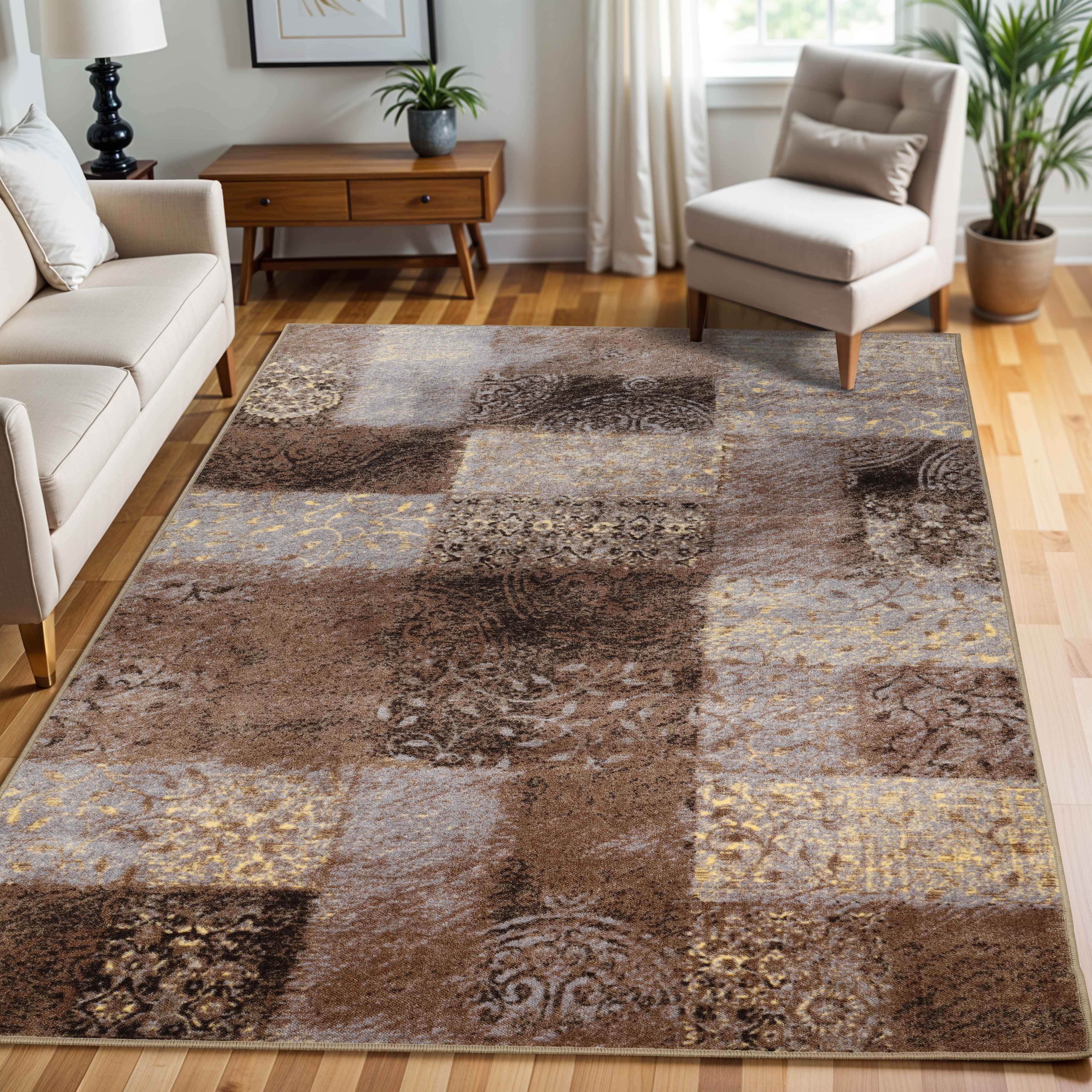 Hadley Damask Geometric Checkered Indoor Area Rug - Non-Slip Living Room Carpet, Bedroom Runner Rug for Home Decor (5'x8') - Perfect for Hallways, Entryways & Cozy Spaces
