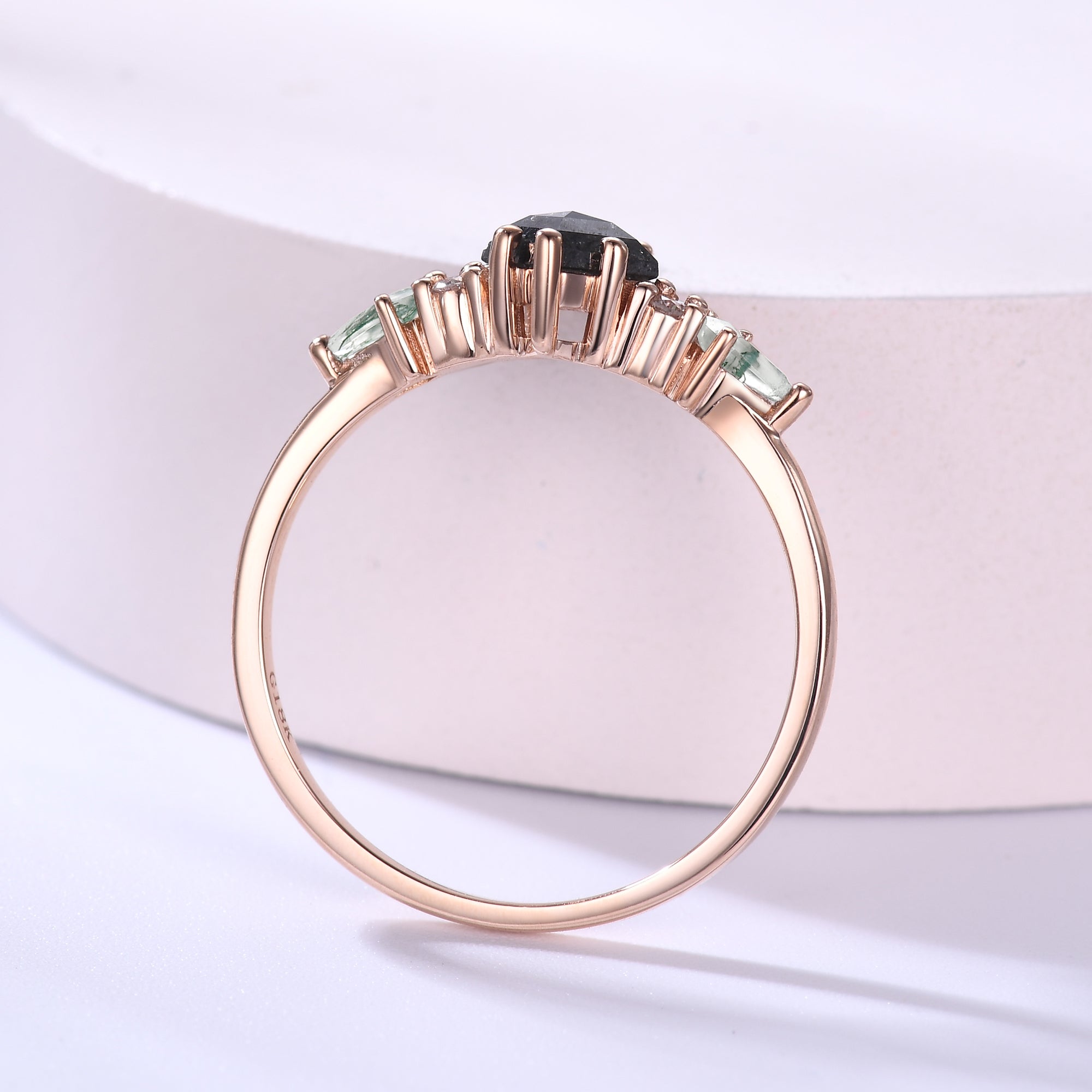 Vintage Kite-Shaped Salt and Pepper Diamond Engagement Ring with Moss Agate Cluster in Rose Gold | Unique Handcrafted Wedding Band for Brides, Promise Rings & Anniversary Gifts