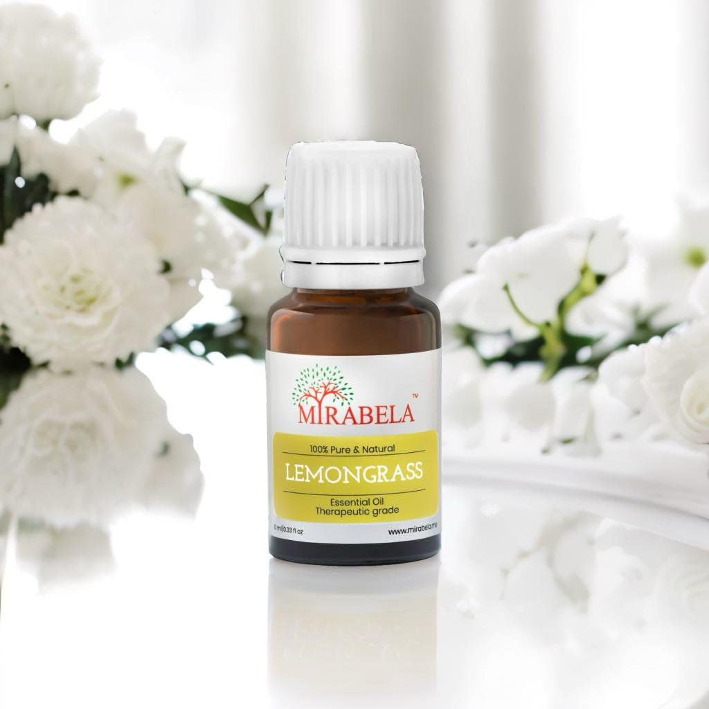 100% Pure Mirabela Lemongrass Essential Oil - Undiluted Therapeutic Grade for Face, Hair & Oily Skin | Aromatherapy, Toning, Cleansing & Insect Repellent | 10ml Bottle | Perfect for Spa, Yoga, Meditation & Home Diffuser Use
