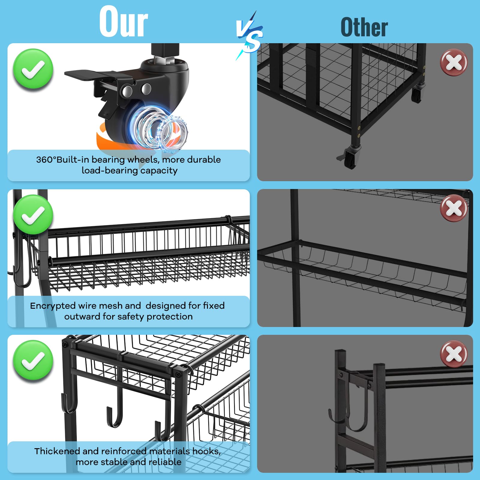 WUC Sports Equipment Organizer - Heavy Duty Garage Ball Storage Rack with Basket, Hooks & Rolling Wheels for Basketball, Soccer, Baseball Gear - Perfect for Home, Gym & Playroom Organization (Black)
