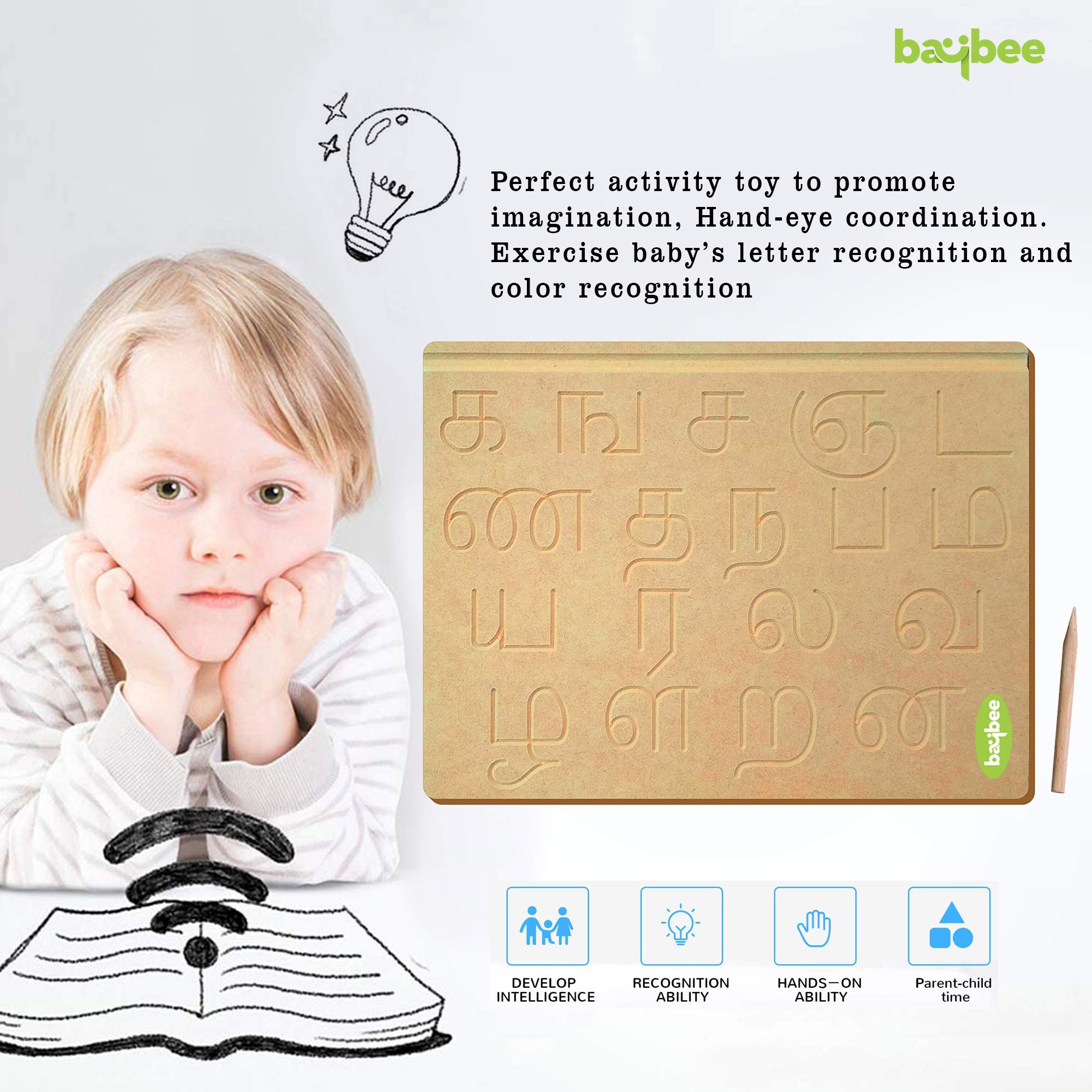 BAYBEE Wooden Tamil Consonants Learning Board - Kids Educational Alphabet Tracing Toy with Tamil Letters for Handwriting Practice - Montessori Wood Puzzle for Boys & Girls - Perfect for Homeschooling & Preschool Learning Activities