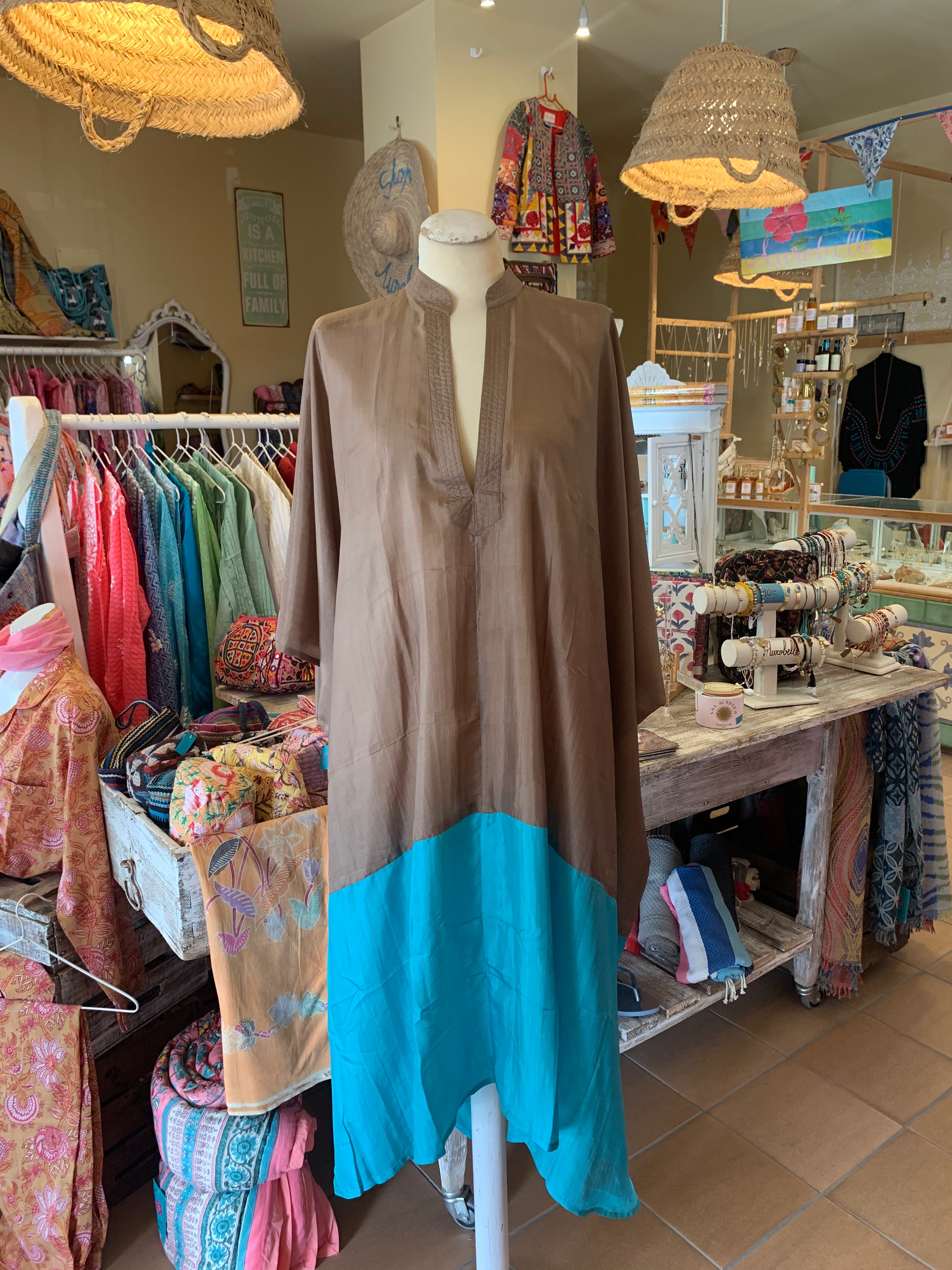 Luxury Silk Kaftan for Women - Elegant Beige & Turquoise Floral Print - Perfect for Beach Cover-Up, Resort Wear & Boho Chic Outfits