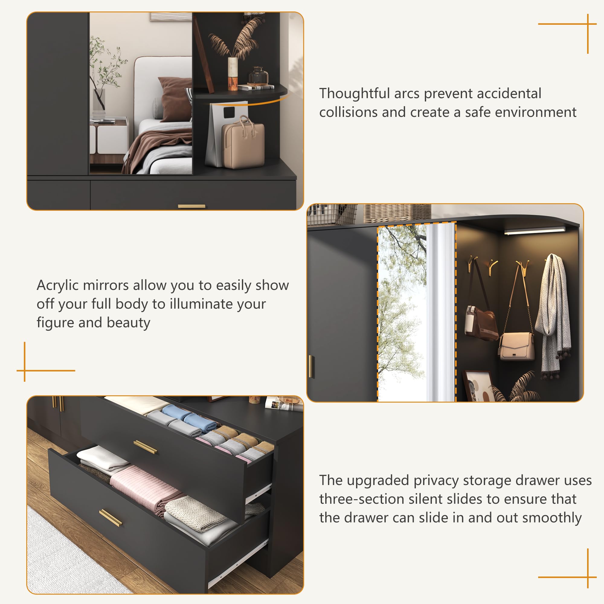 Modern XVD 5-Door Armoire Wardrobe Closet with Mirror, Sensor Light & Storage - Large Wooden Bedroom Closet with 2 Drawers, Shelves, 4 Hooks & 2 Hanging Rods - Perfect for Bedroom, Guest Room or Walk-in Closet Organization (Black)