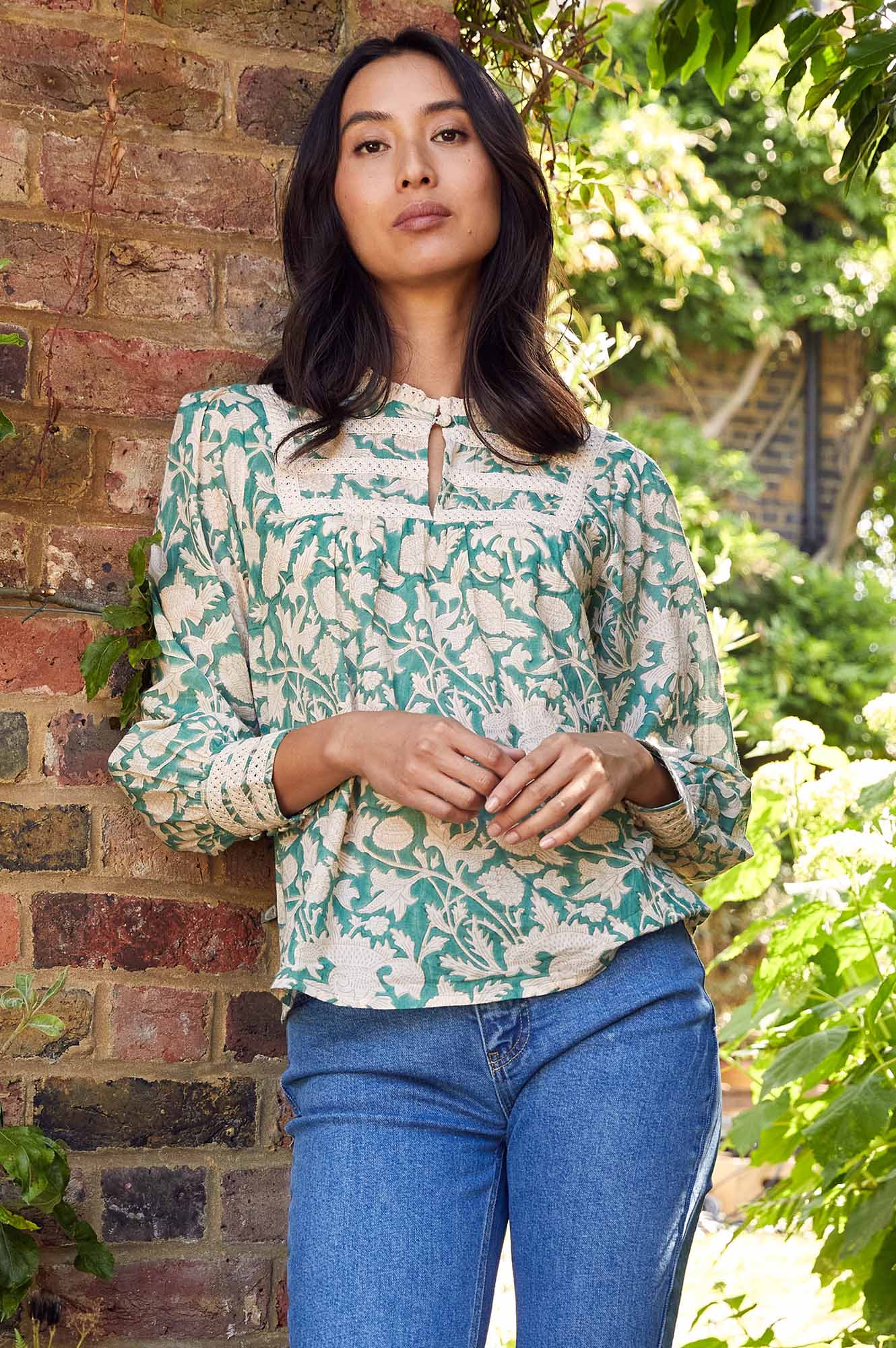 Margot Block Print Blouse - Floral Embroidered Women's Top in Tea Rose Green & Taupe | Boho Chic Shirt for Casual Wear, Office Outfits & Summer Vacation