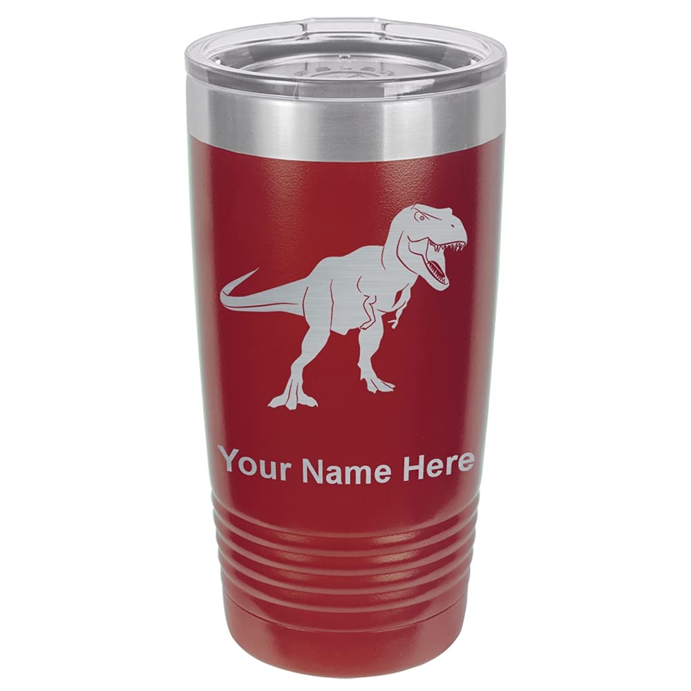 LaserGram 20oz Vacuum Insulated Stainless Steel Tumbler Mug with Lid - Personalized Engraved Tyrannosaurus Rex Dinosaur Design (Maroon) - Keeps Drinks Hot/Cold for Hours - Perfect for Coffee, Tea, Outdoor Adventures & Office Use