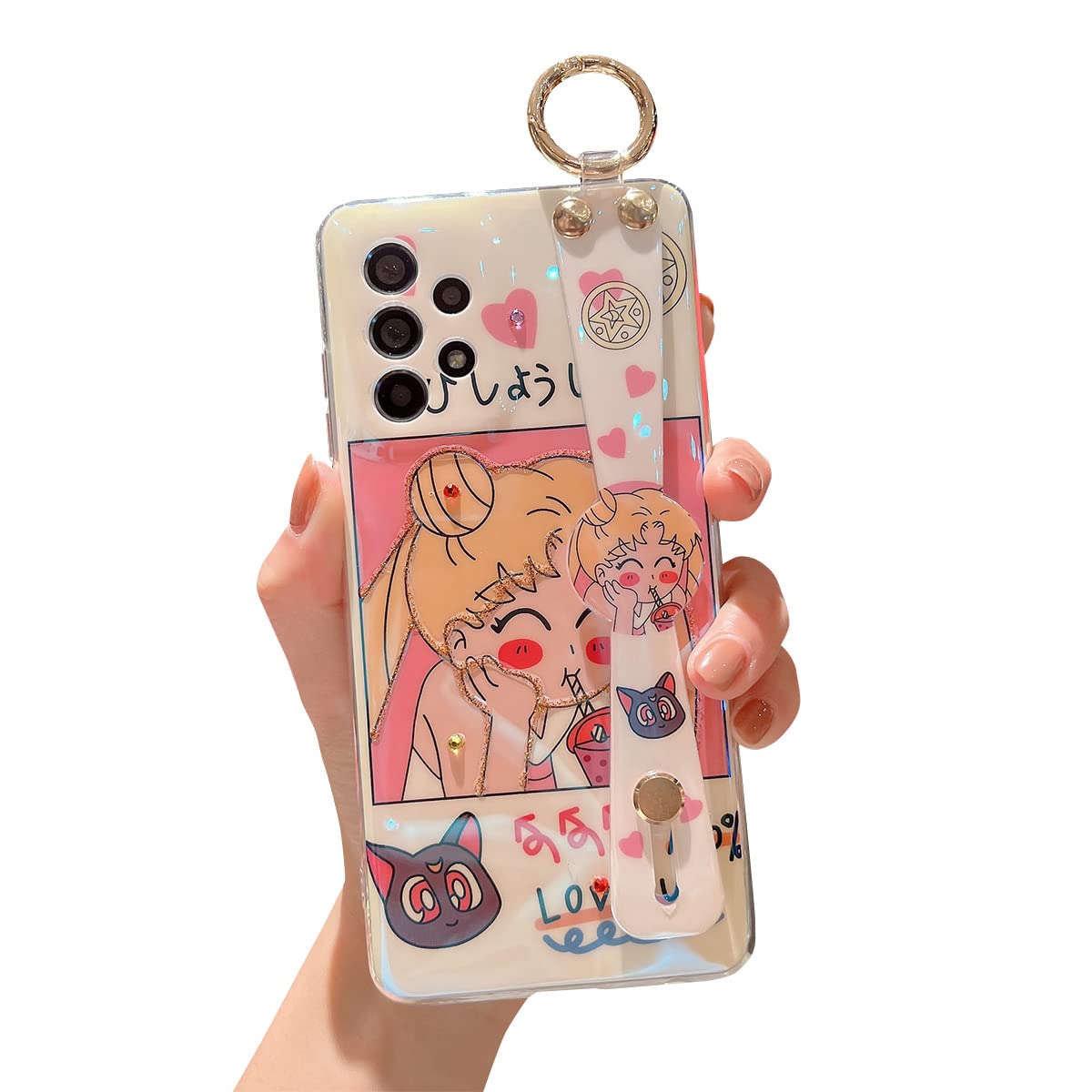 Cute Cartoon Girl Glitter Bling Samsung Galaxy A32 5G Case with Wrist Strap & Kickstand - Shockproof Soft TPU Protective Phone Cover for Women & Girls | Perfect for Daily Use, Work, School & Travel